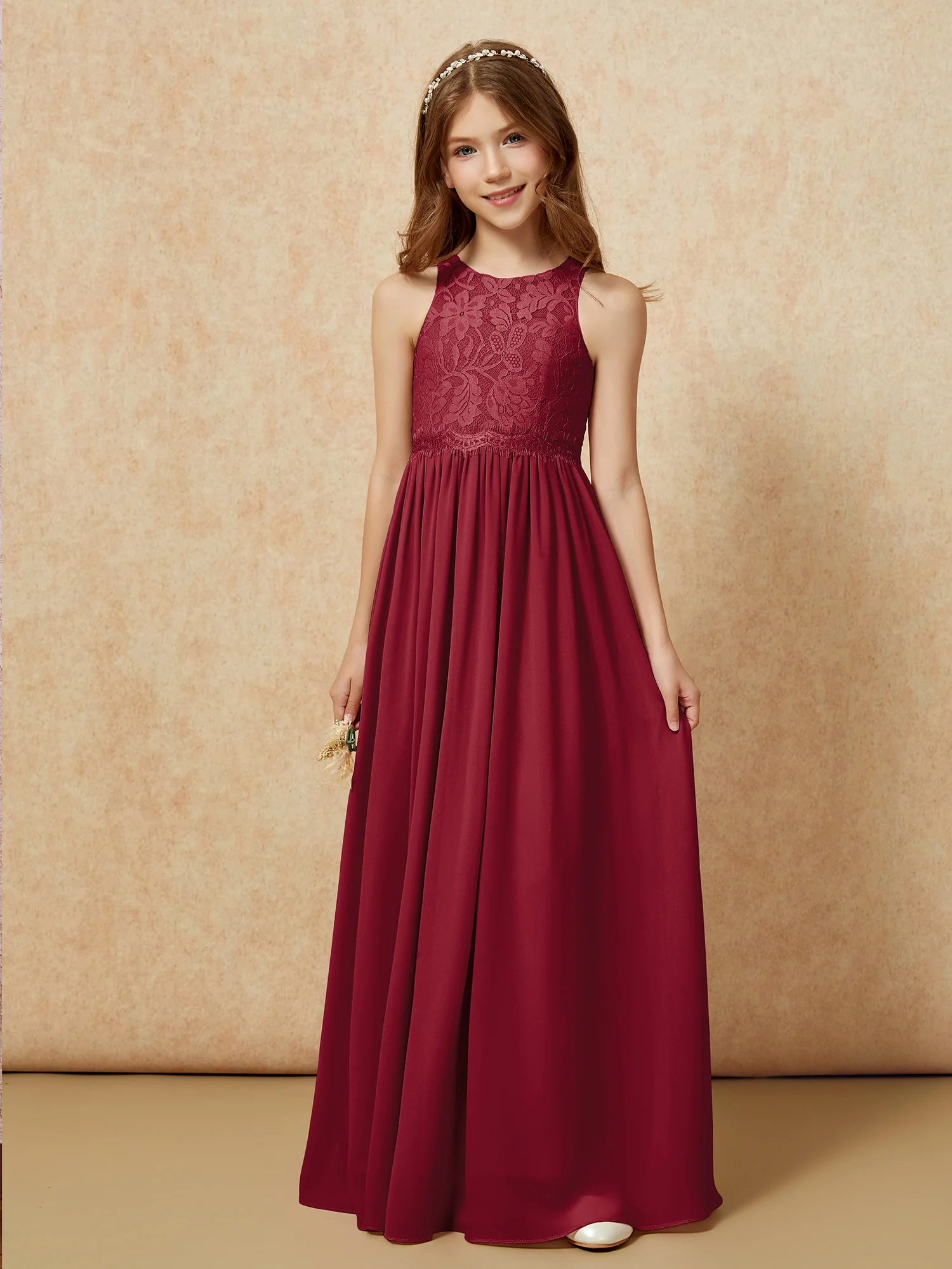 Sleeveless Lace Chiffon A-line Junior Bridesmaid Dress Burgundy - Image 6