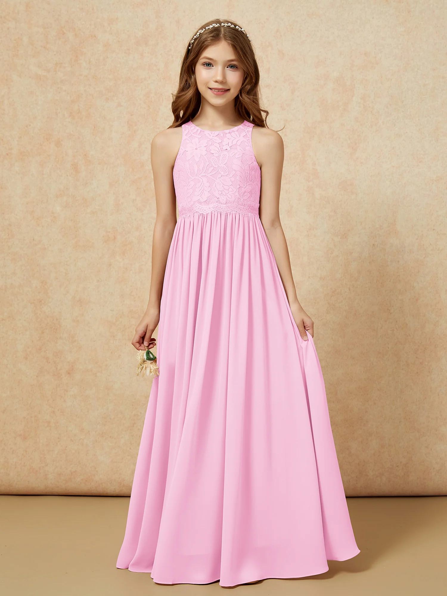 Sleeveless Lace Chiffon A-line Junior Bridesmaid Dress Candy Pink