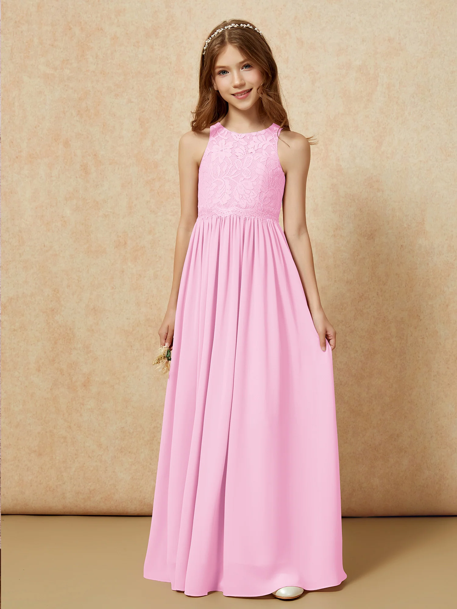 Sleeveless Lace Chiffon A-line Junior Bridesmaid Dress Candy Pink - Image 6