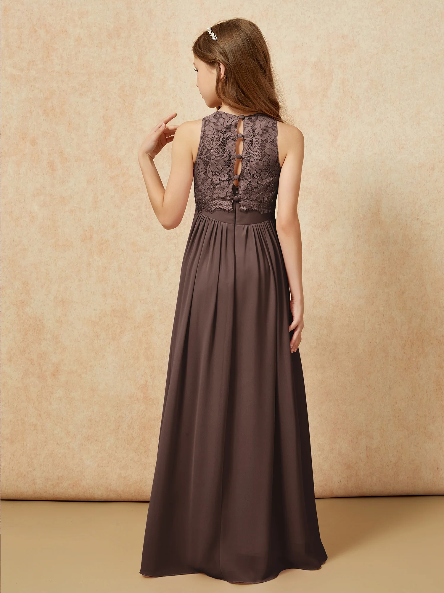 Sleeveless Lace Chiffon A-line Junior Bridesmaid Dress Chocolate - Image 2
