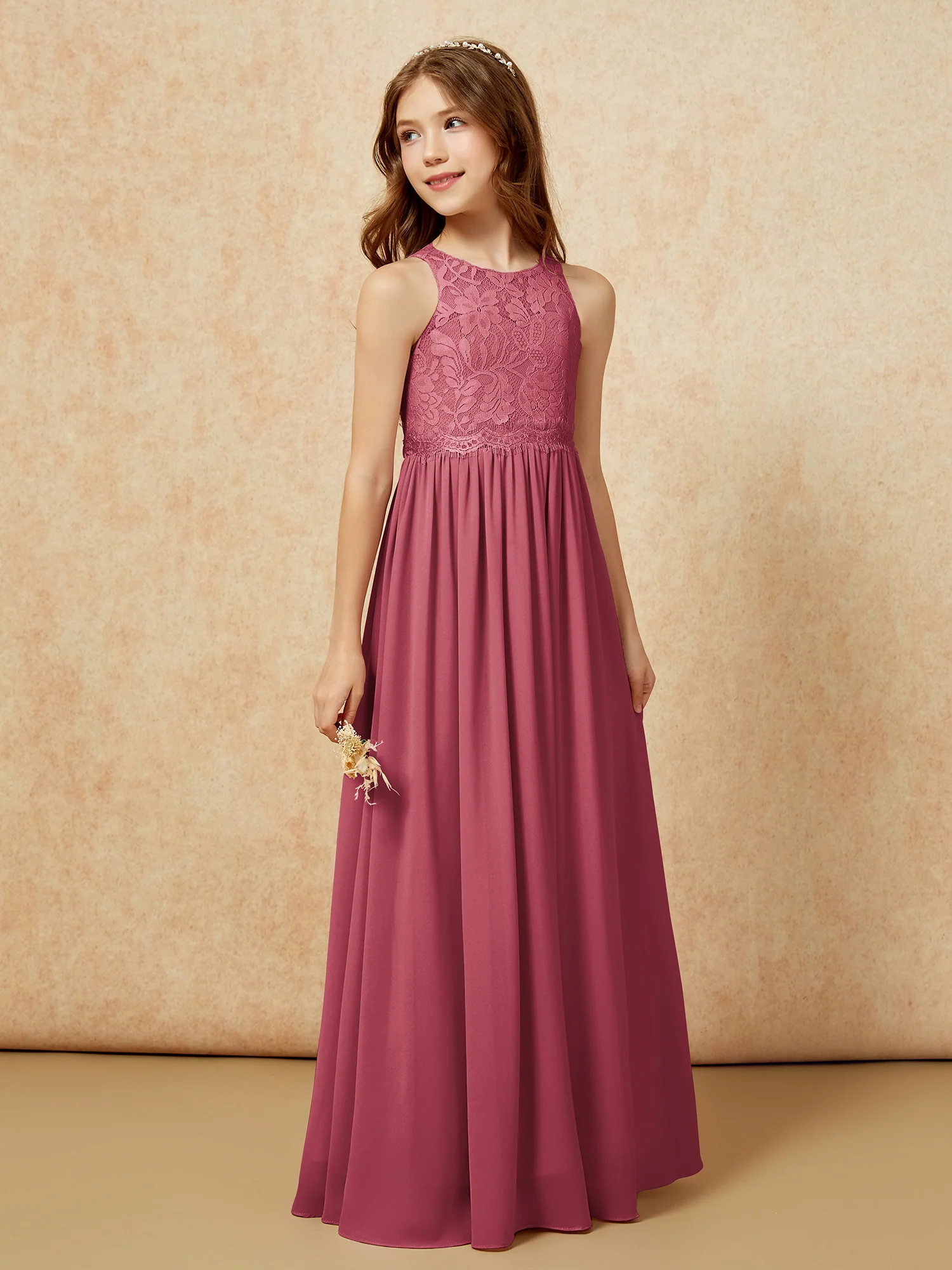 Sleeveless Lace Chiffon A-line Junior Bridesmaid Dress Cinnamon Rose - Image 5