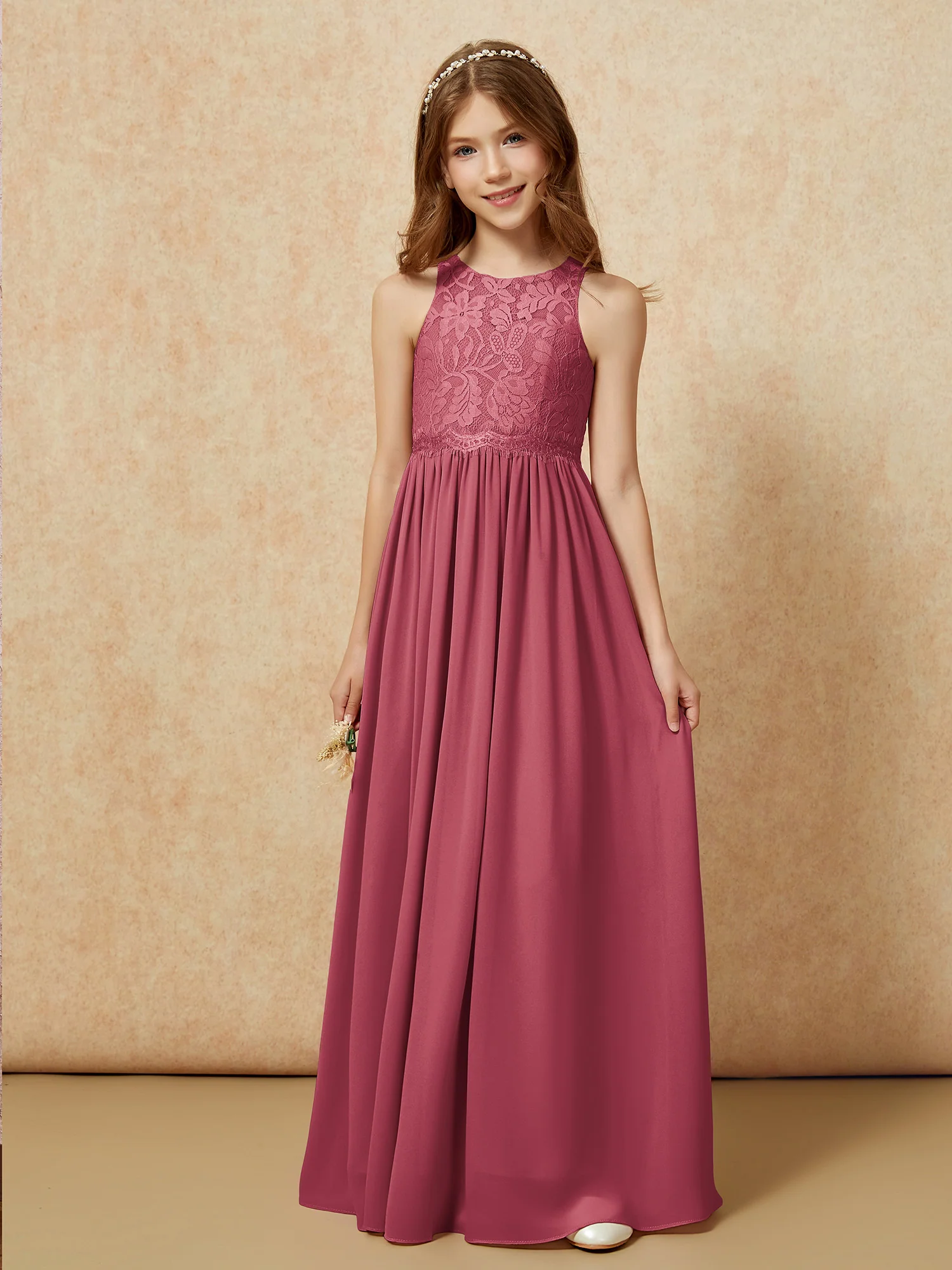 Sleeveless Lace Chiffon A-line Junior Bridesmaid Dress Cinnamon Rose - Image 6