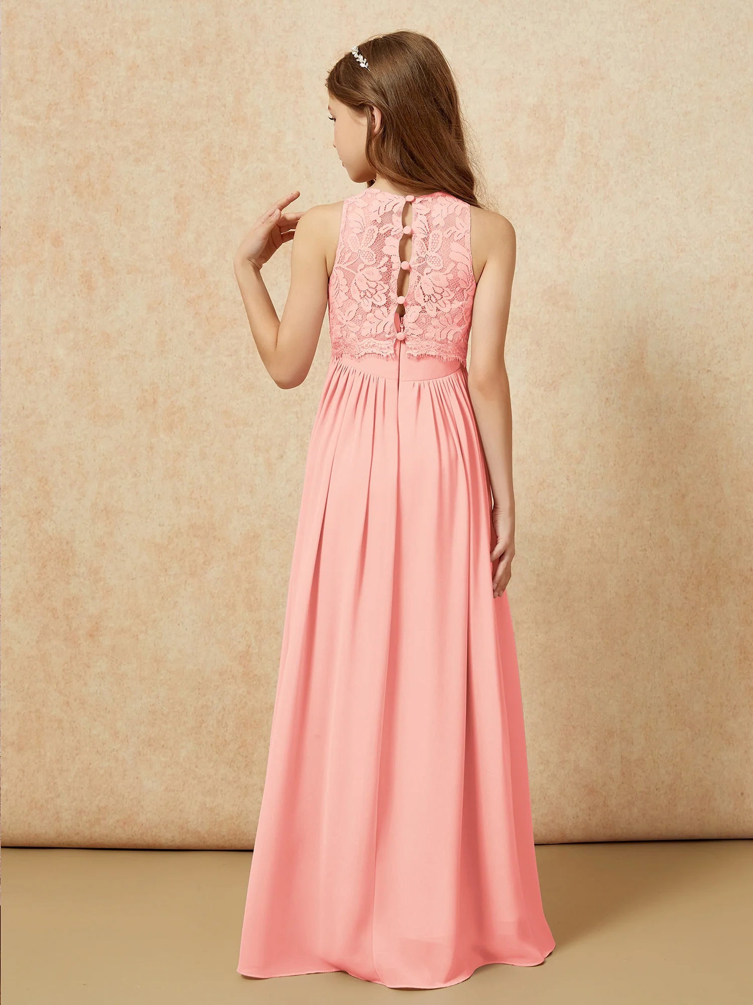 Sleeveless Lace Chiffon A-line Junior Bridesmaid Dress Coral - Image 2