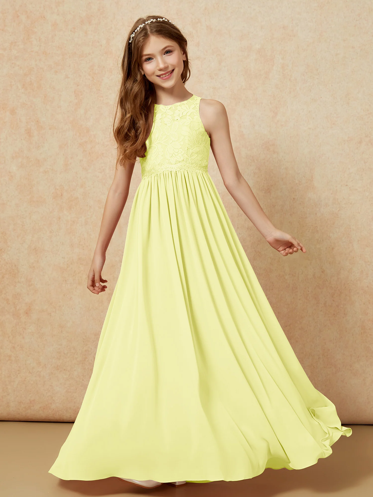 Sleeveless Lace Chiffon A-line Junior Bridesmaid Dress Daffodil - Image 4