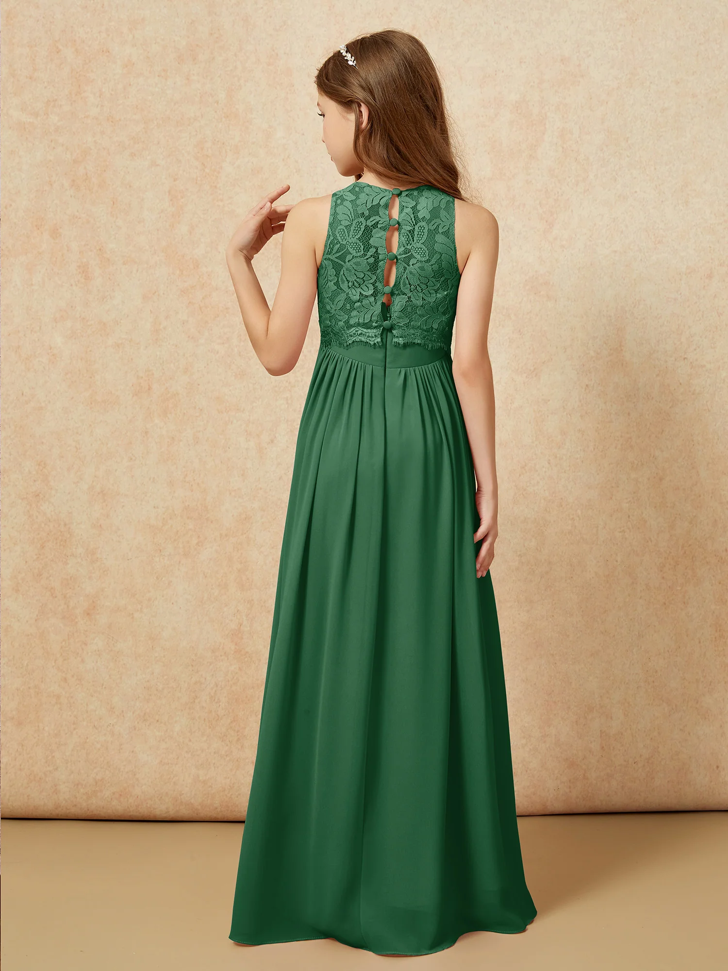 Sleeveless Lace Chiffon A-line Junior Bridesmaid Dress Dark Green - Image 2