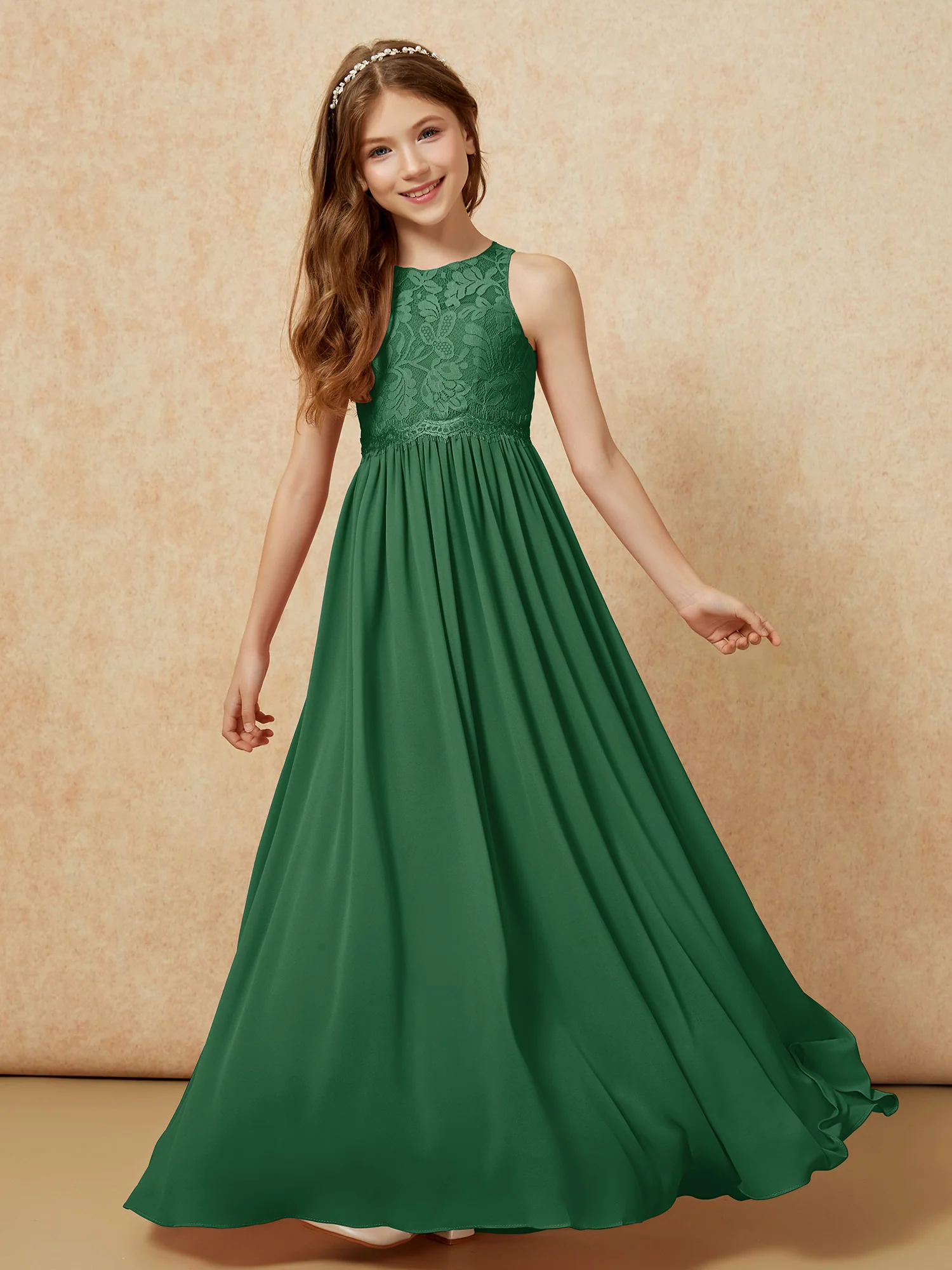 Sleeveless Lace Chiffon A-line Junior Bridesmaid Dress Dark Green - Image 4