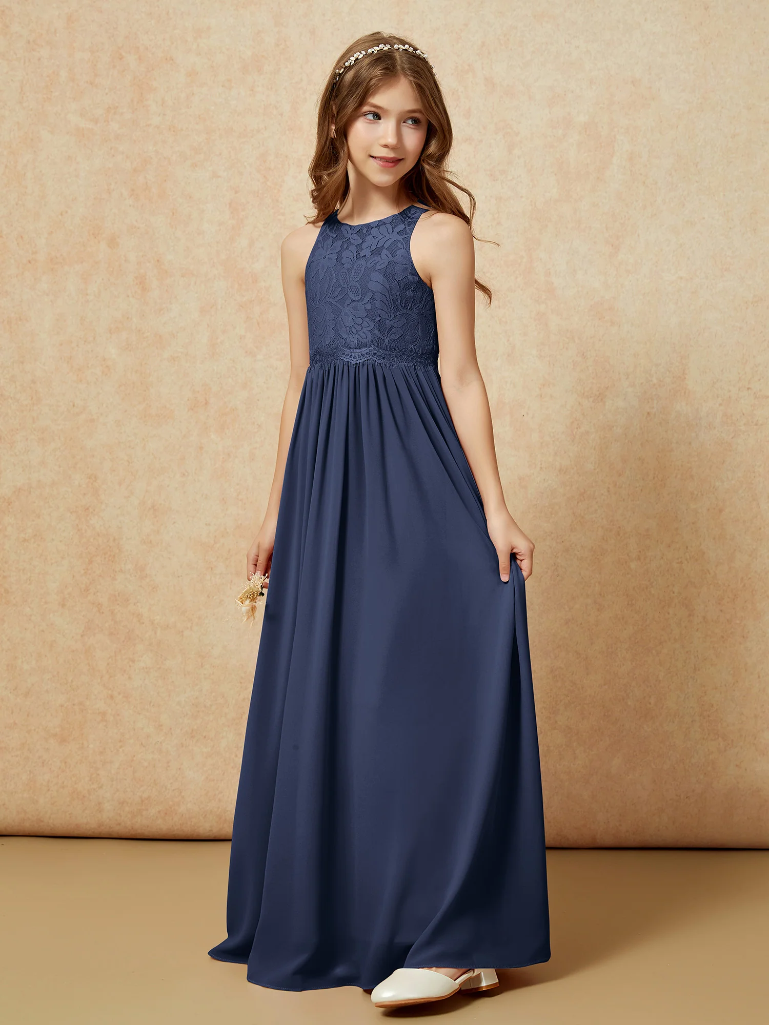 Sleeveless Lace Chiffon A-line Junior Bridesmaid Dress Dark Navy - Image 3