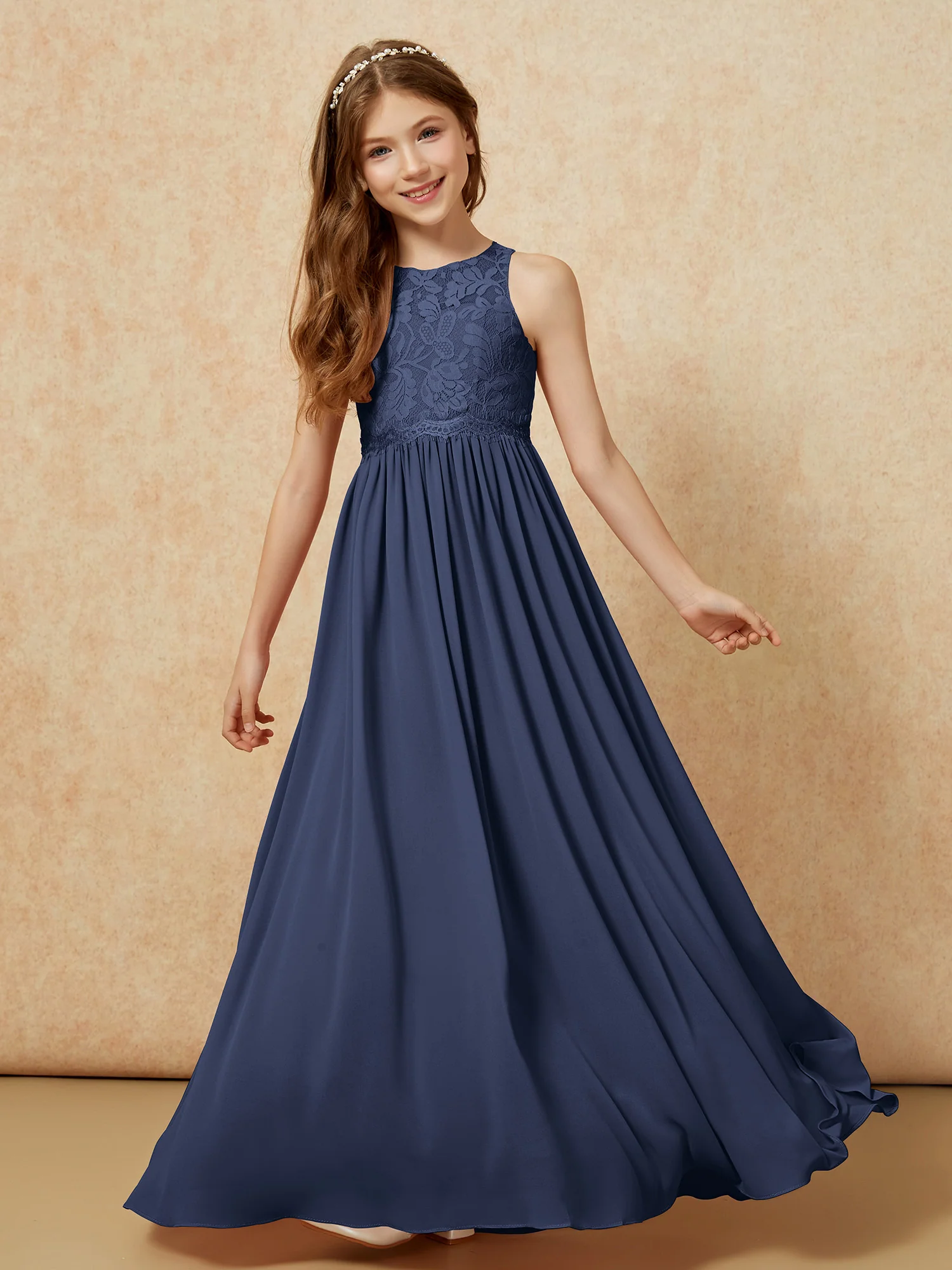 Sleeveless Lace Chiffon A-line Junior Bridesmaid Dress Dark Navy - Image 4