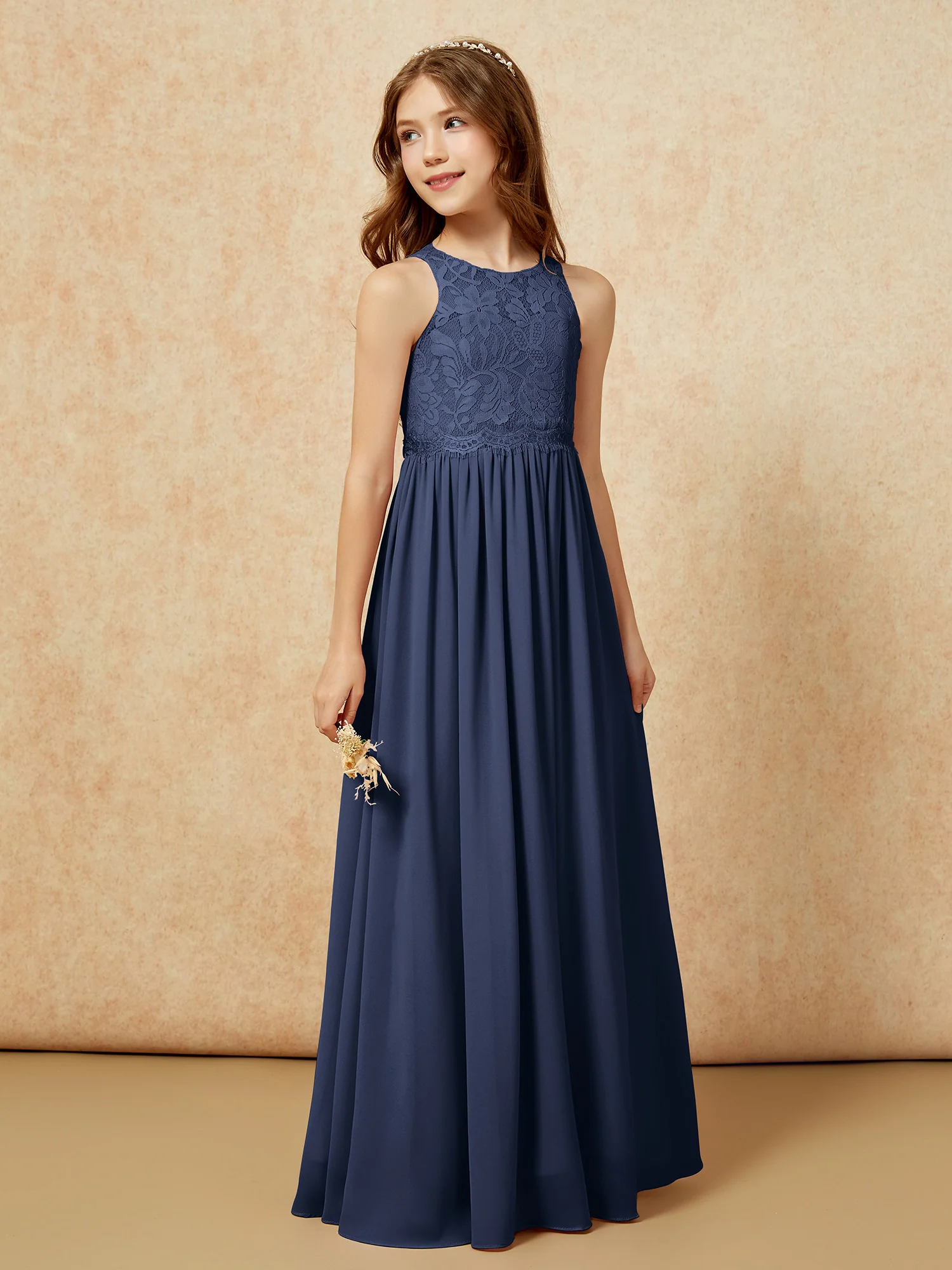 Sleeveless Lace Chiffon A-line Junior Bridesmaid Dress Dark Navy - Image 5
