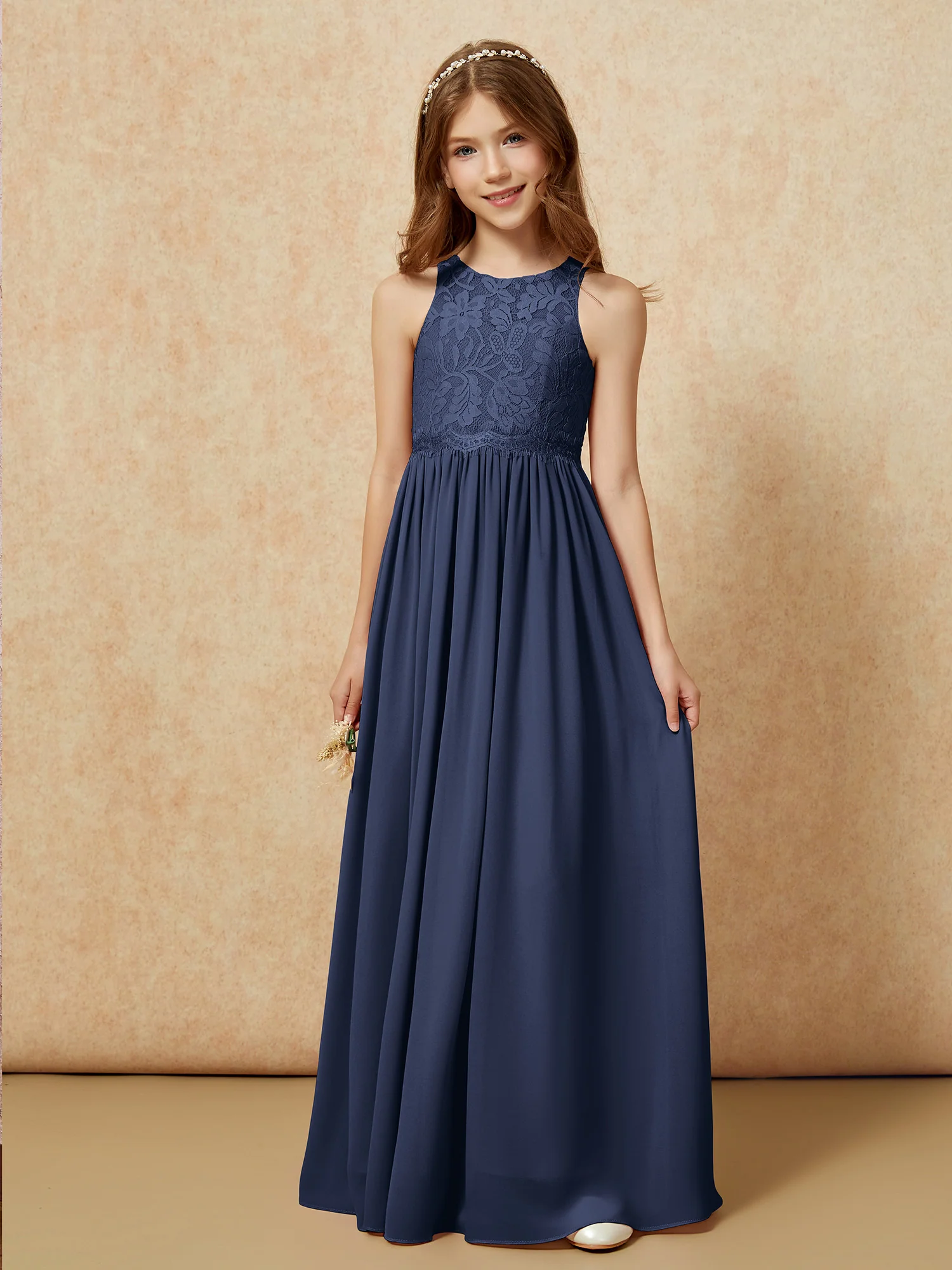 Sleeveless Lace Chiffon A-line Junior Bridesmaid Dress Dark Navy - Image 6