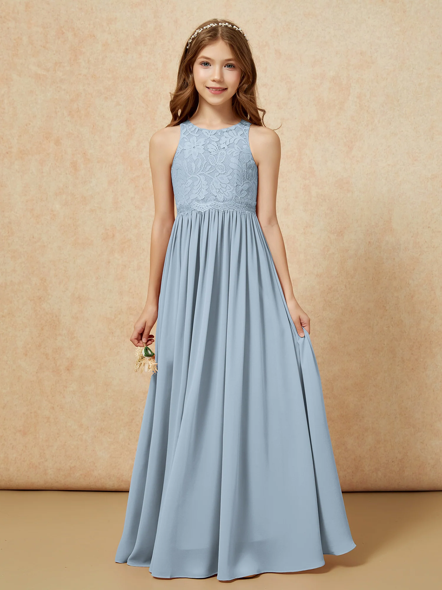 Sleeveless Lace Chiffon A-line Junior Bridesmaid Dress Dusty Blue