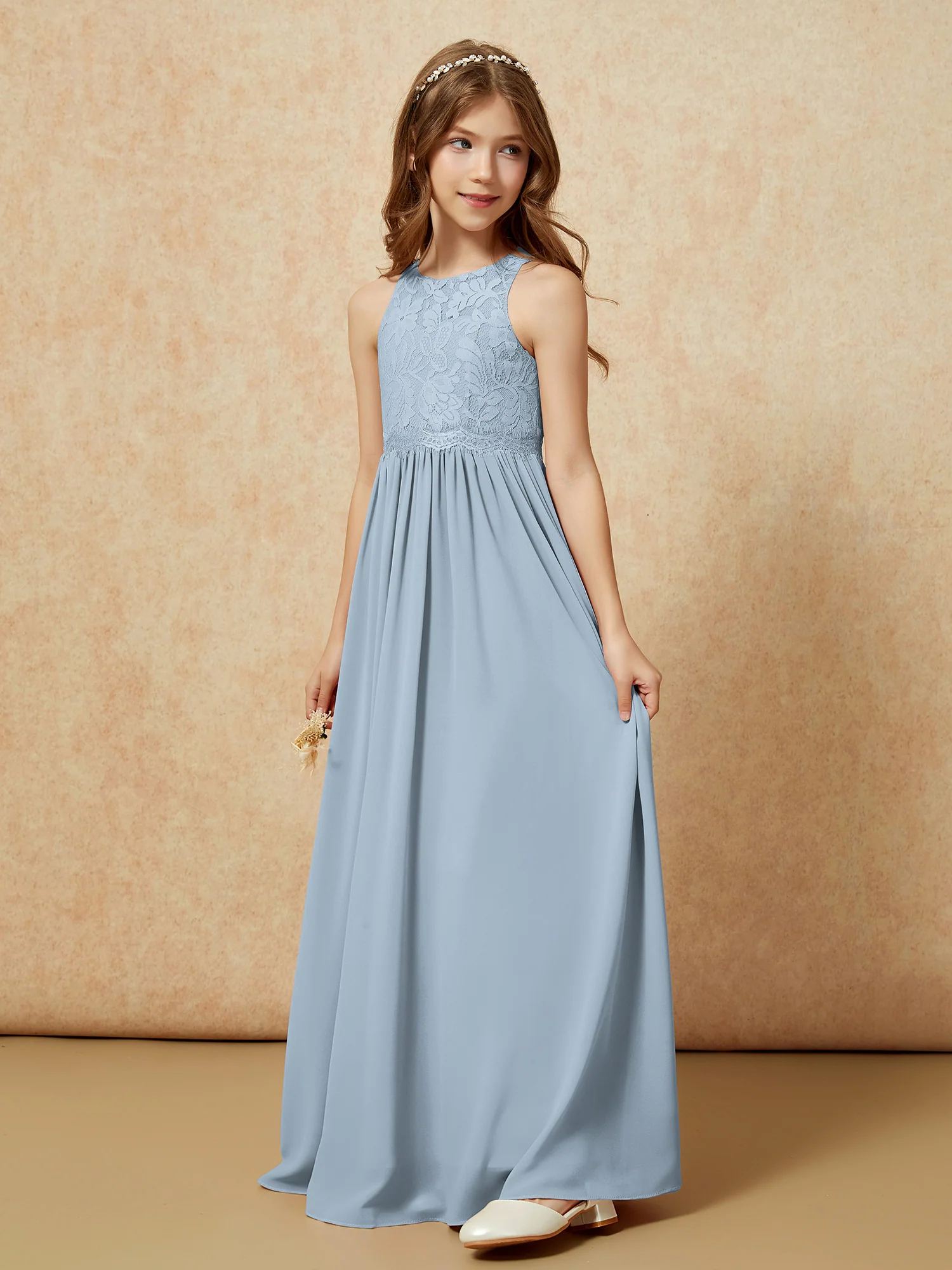 Sleeveless Lace Chiffon A-line Junior Bridesmaid Dress Dusty Blue - Image 3