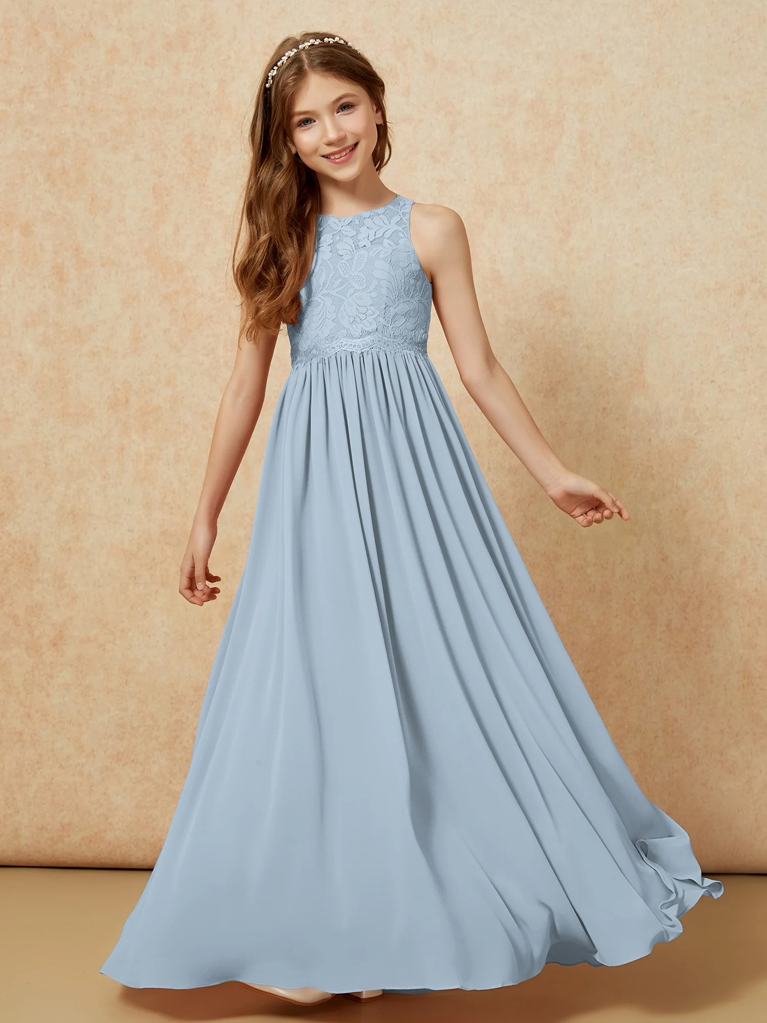 Sleeveless Lace Chiffon A-line Junior Bridesmaid Dress Dusty Blue - Image 4