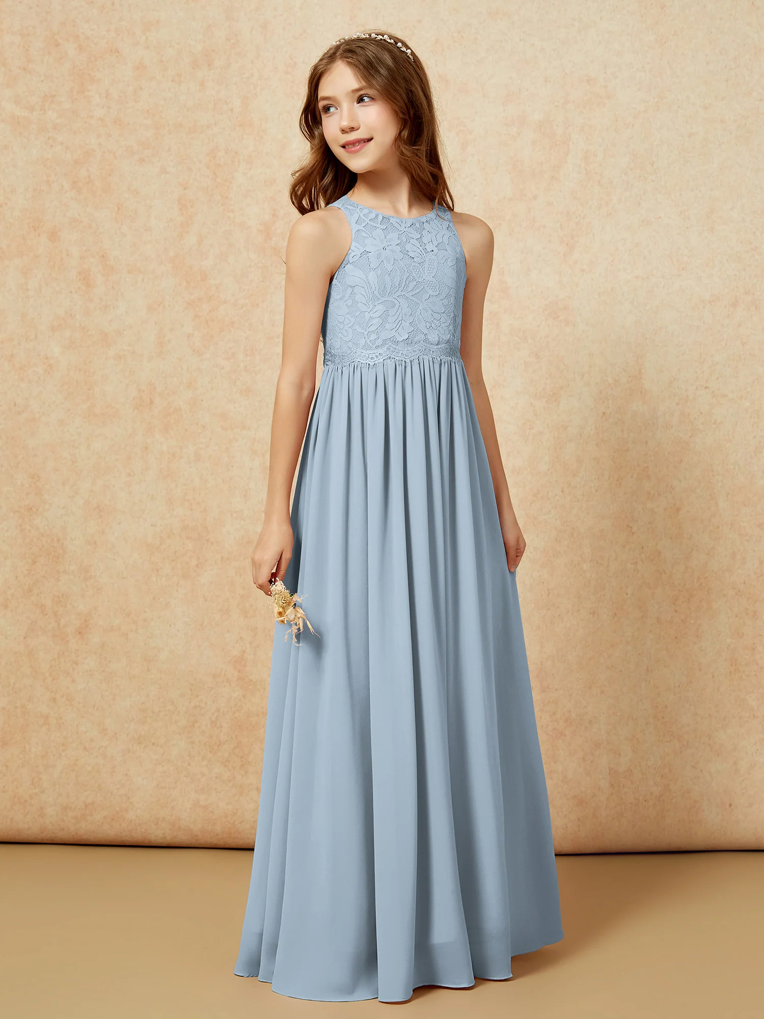 Sleeveless Lace Chiffon A-line Junior Bridesmaid Dress Dusty Blue - Image 5