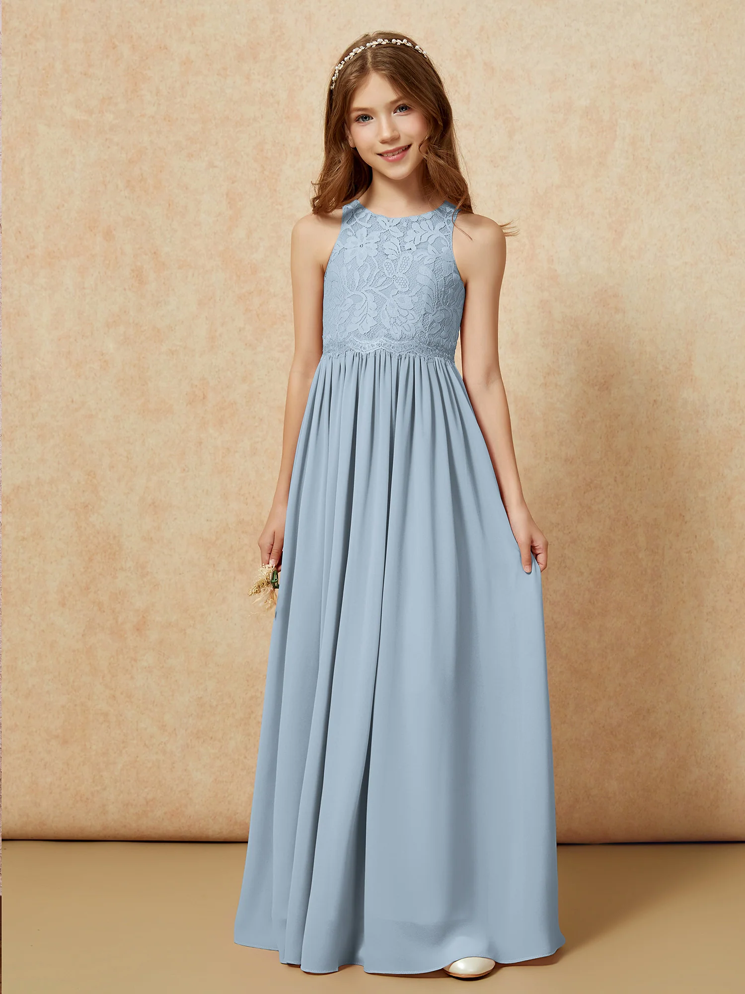 Sleeveless Lace Chiffon A-line Junior Bridesmaid Dress Dusty Blue - Image 6