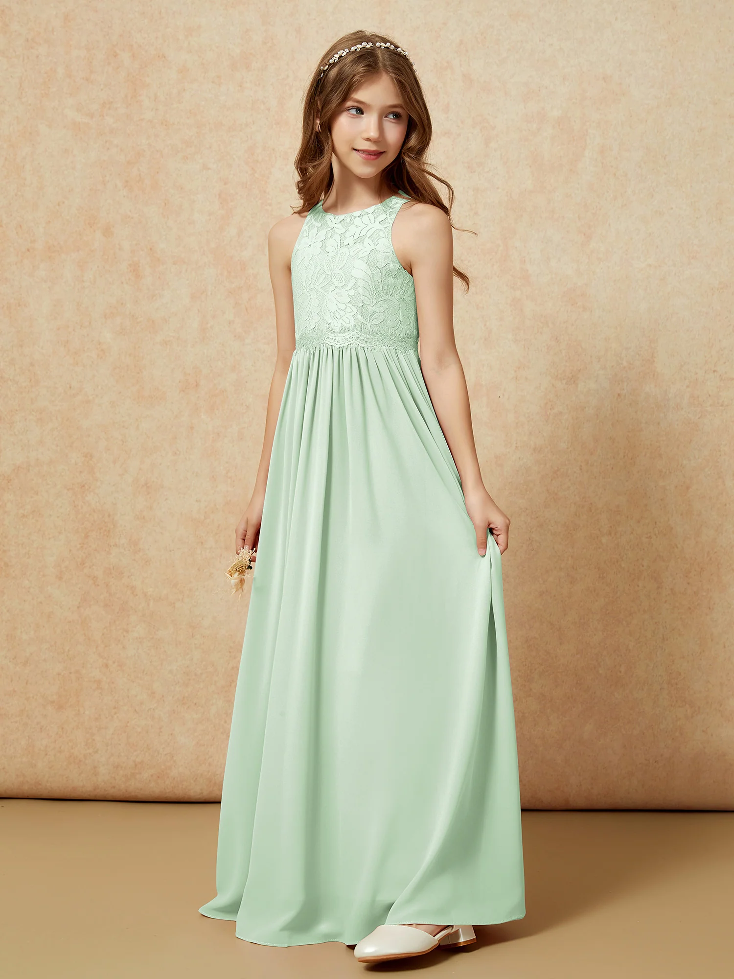 Sleeveless Lace Chiffon A-line Junior Bridesmaid Dress Dusty Sage - Image 3