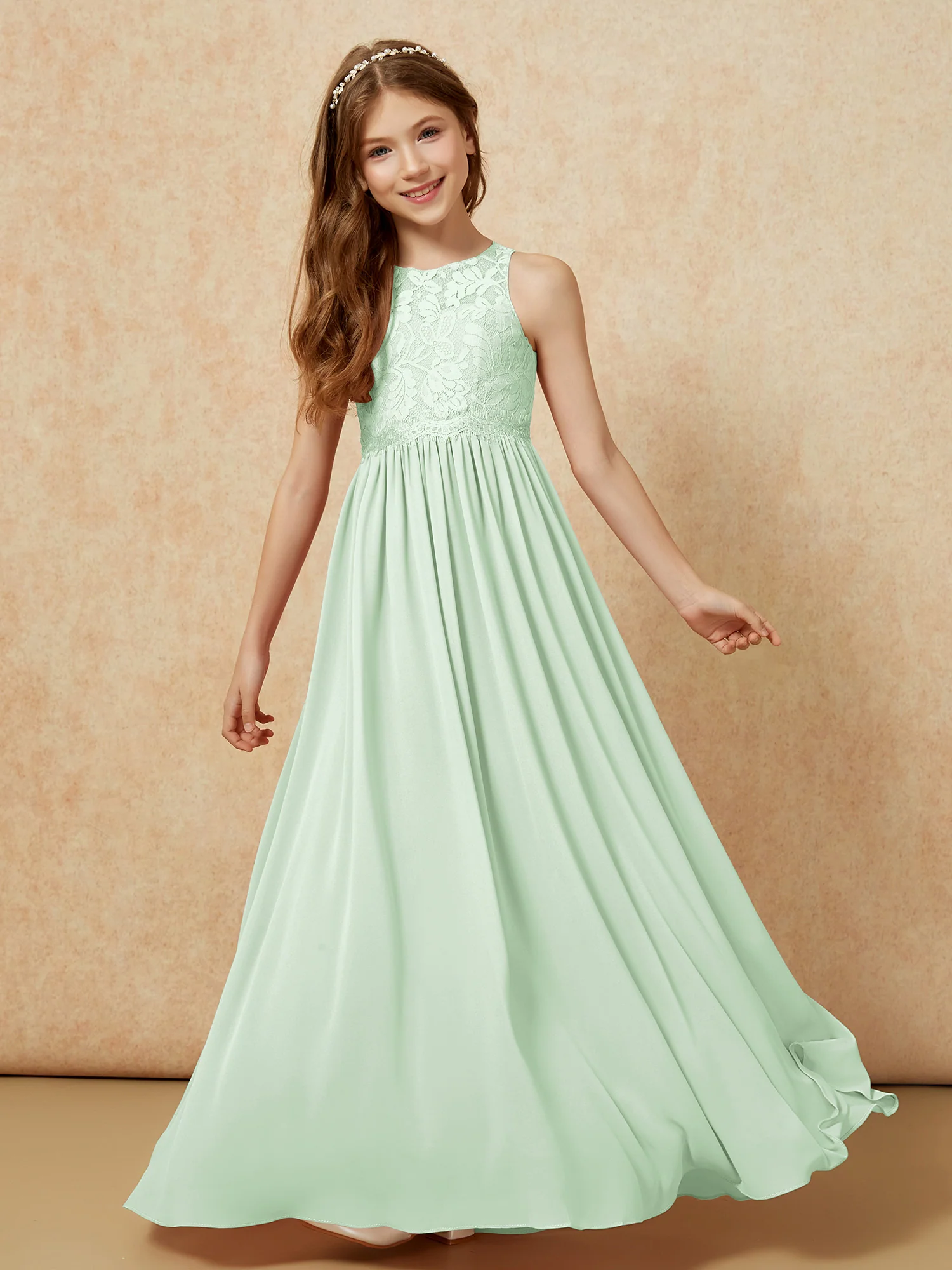 Sleeveless Lace Chiffon A-line Junior Bridesmaid Dress Dusty Sage - Image 4