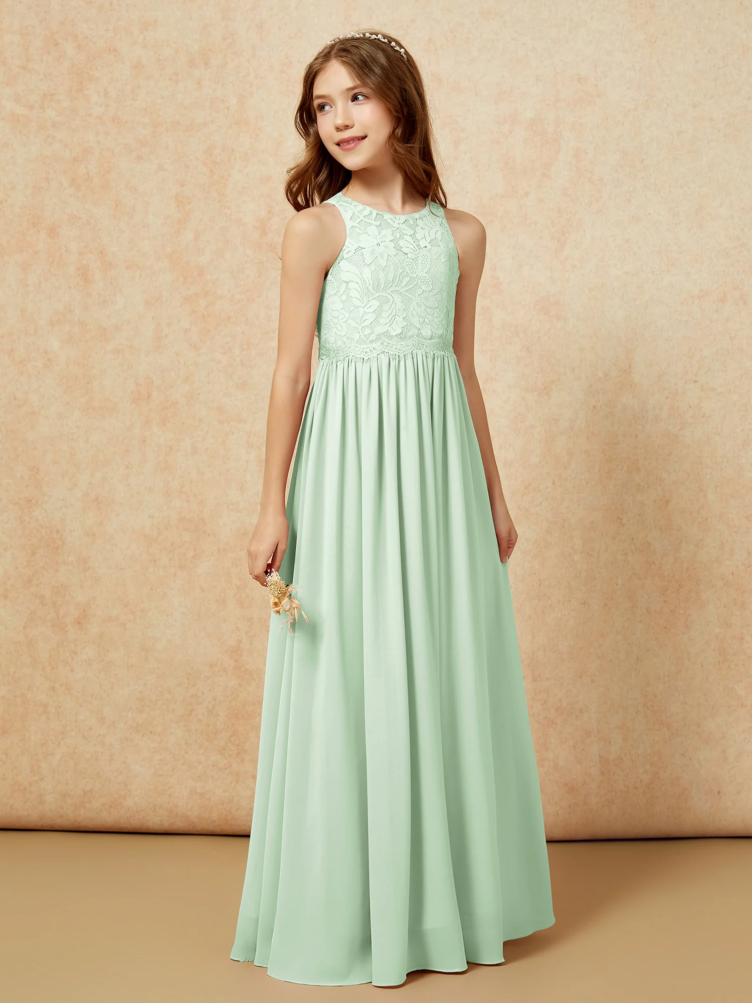 Sleeveless Lace Chiffon A-line Junior Bridesmaid Dress Dusty Sage - Image 5