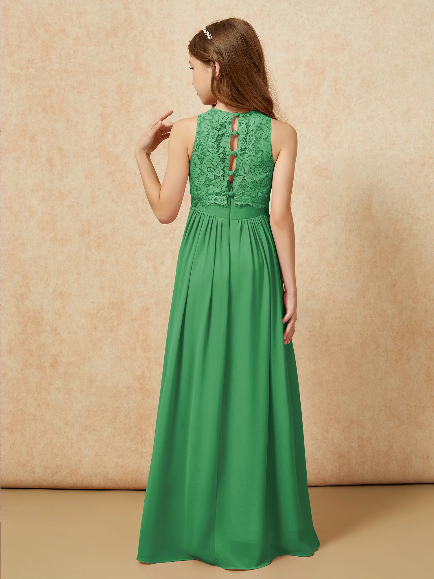 Sleeveless Lace Chiffon A-line Junior Bridesmaid Dress Emerald - Image 2