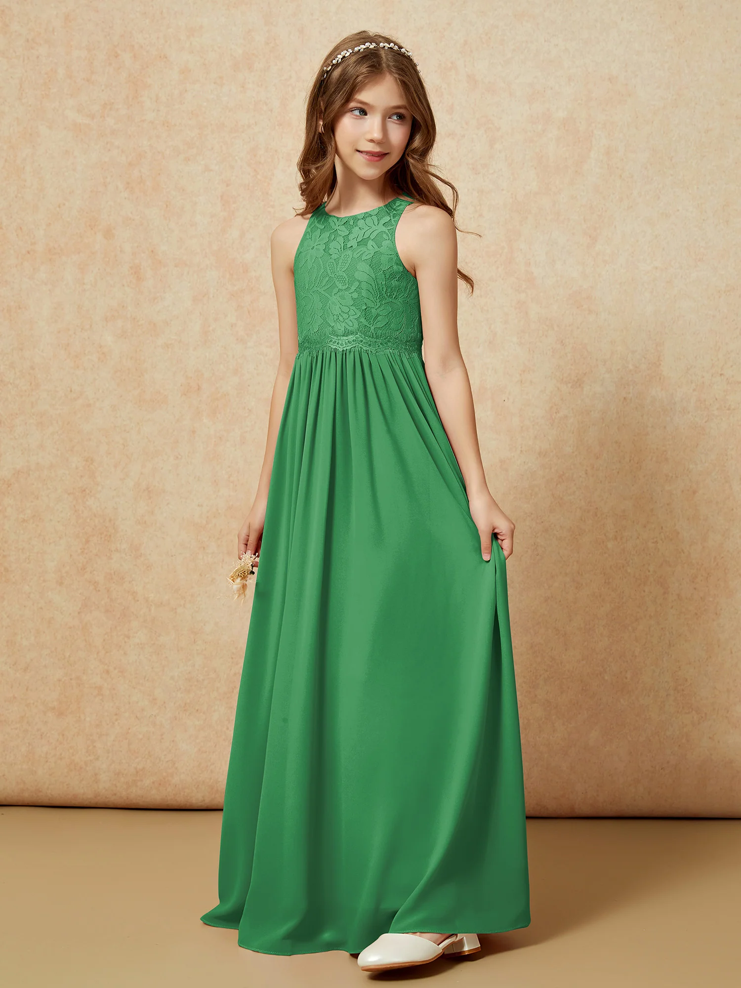 Sleeveless Lace Chiffon A-line Junior Bridesmaid Dress Emerald - Image 3