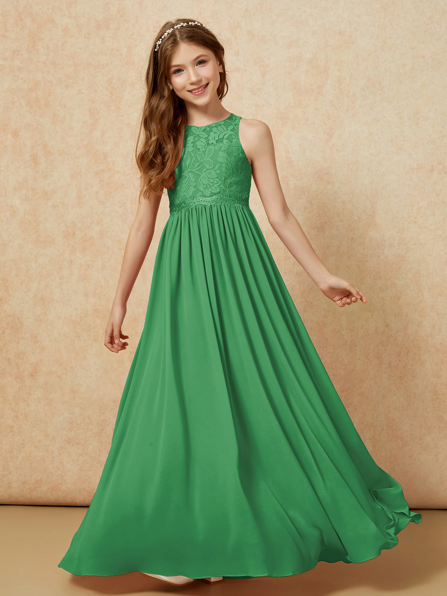 Sleeveless Lace Chiffon A-line Junior Bridesmaid Dress Emerald - Image 4