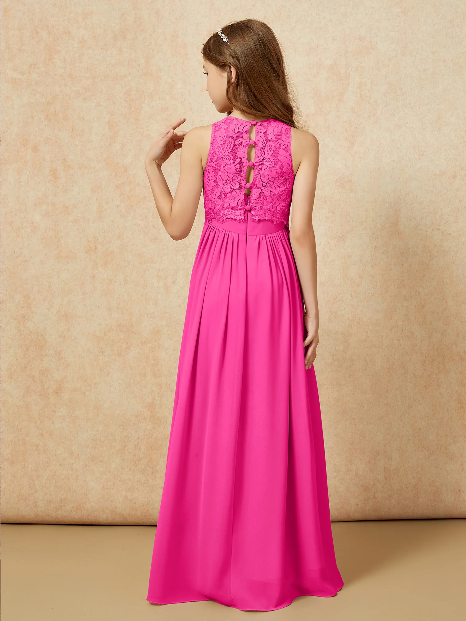 Sleeveless Lace Chiffon A-line Junior Bridesmaid Dress Fuchsia - Image 2