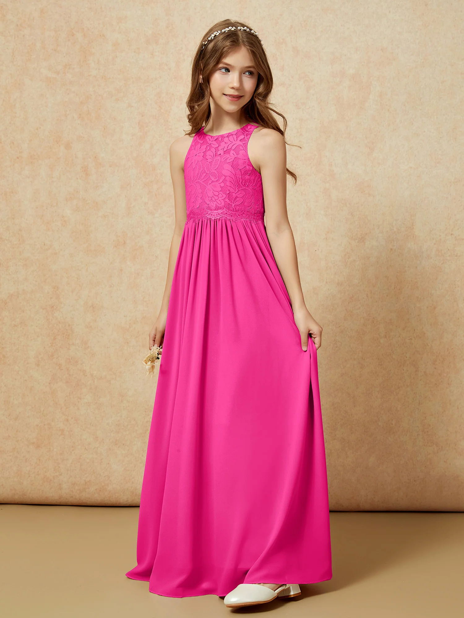 Sleeveless Lace Chiffon A-line Junior Bridesmaid Dress Fuchsia - Image 3