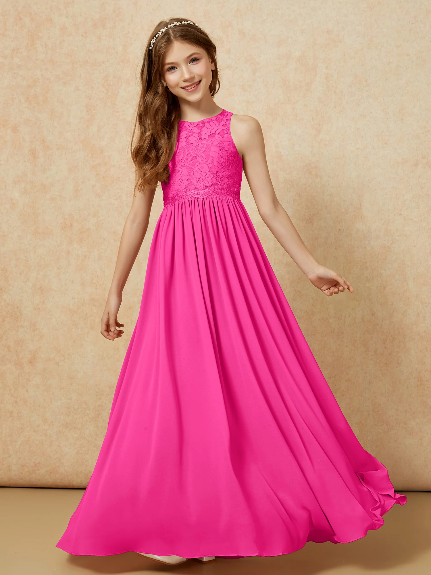 Sleeveless Lace Chiffon A-line Junior Bridesmaid Dress Fuchsia - Image 4