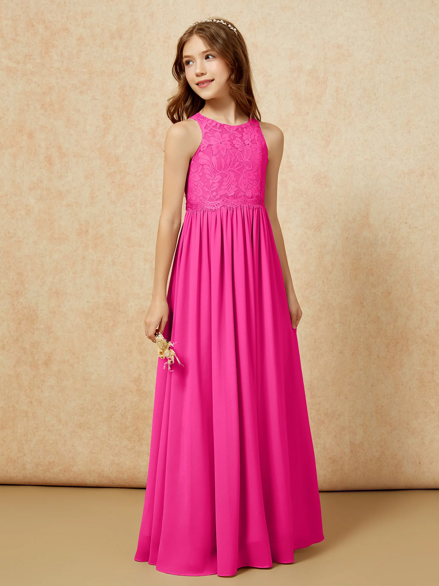 Sleeveless Lace Chiffon A-line Junior Bridesmaid Dress Fuchsia - Image 5