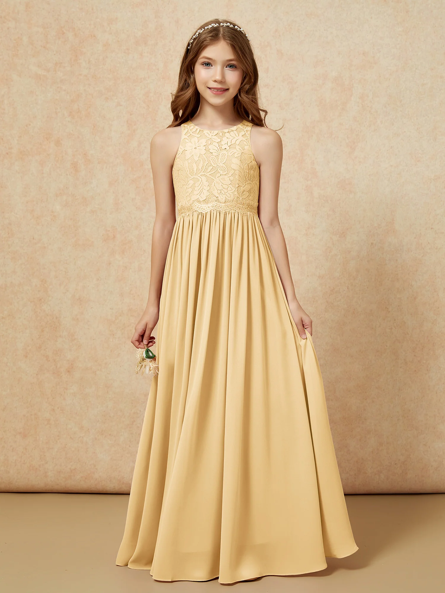 Sleeveless Lace Chiffon A-line Junior Bridesmaid Dress Gold - Image 2