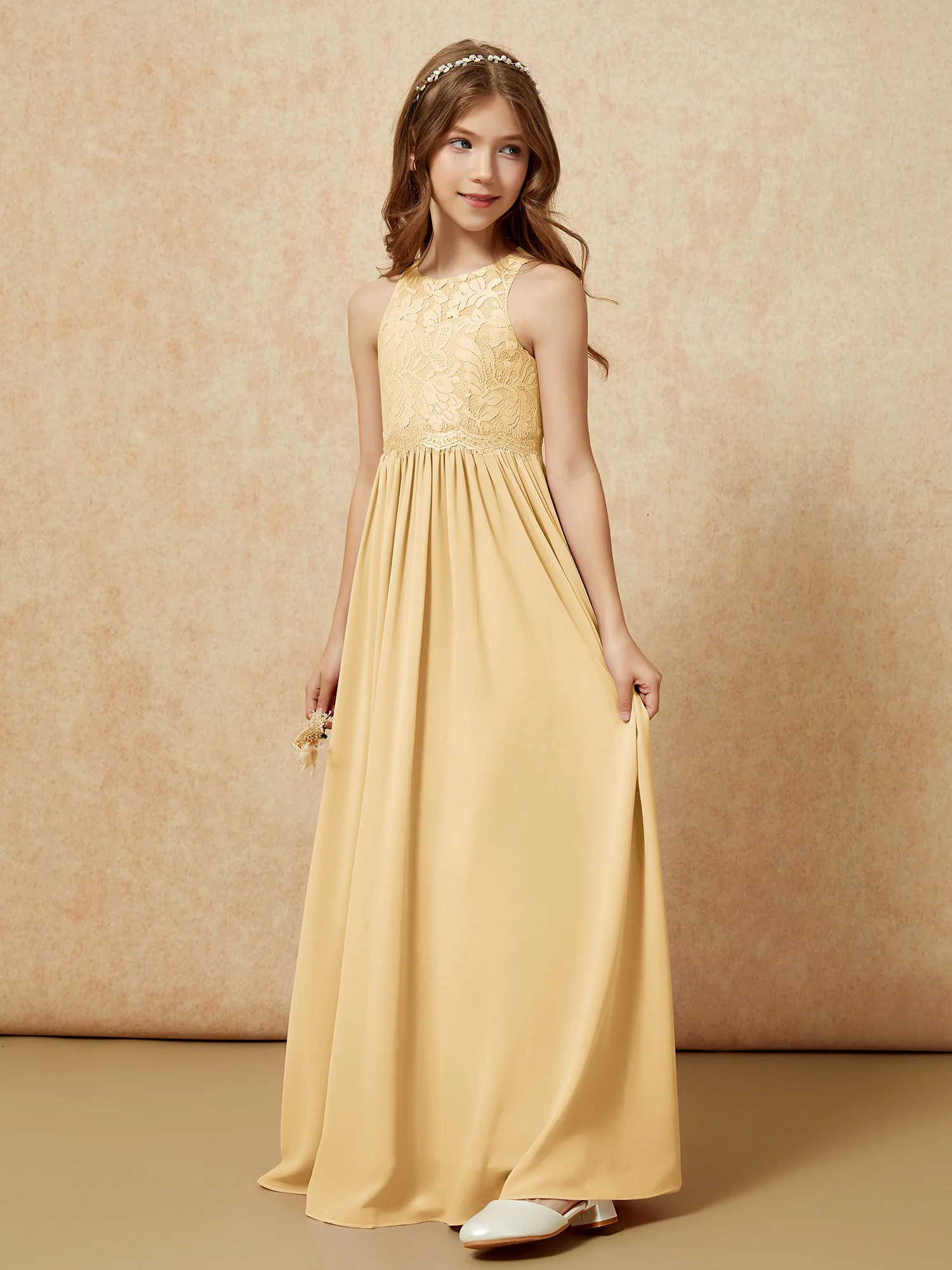 Sleeveless Lace Chiffon A-line Junior Bridesmaid Dress Gold - Image 4