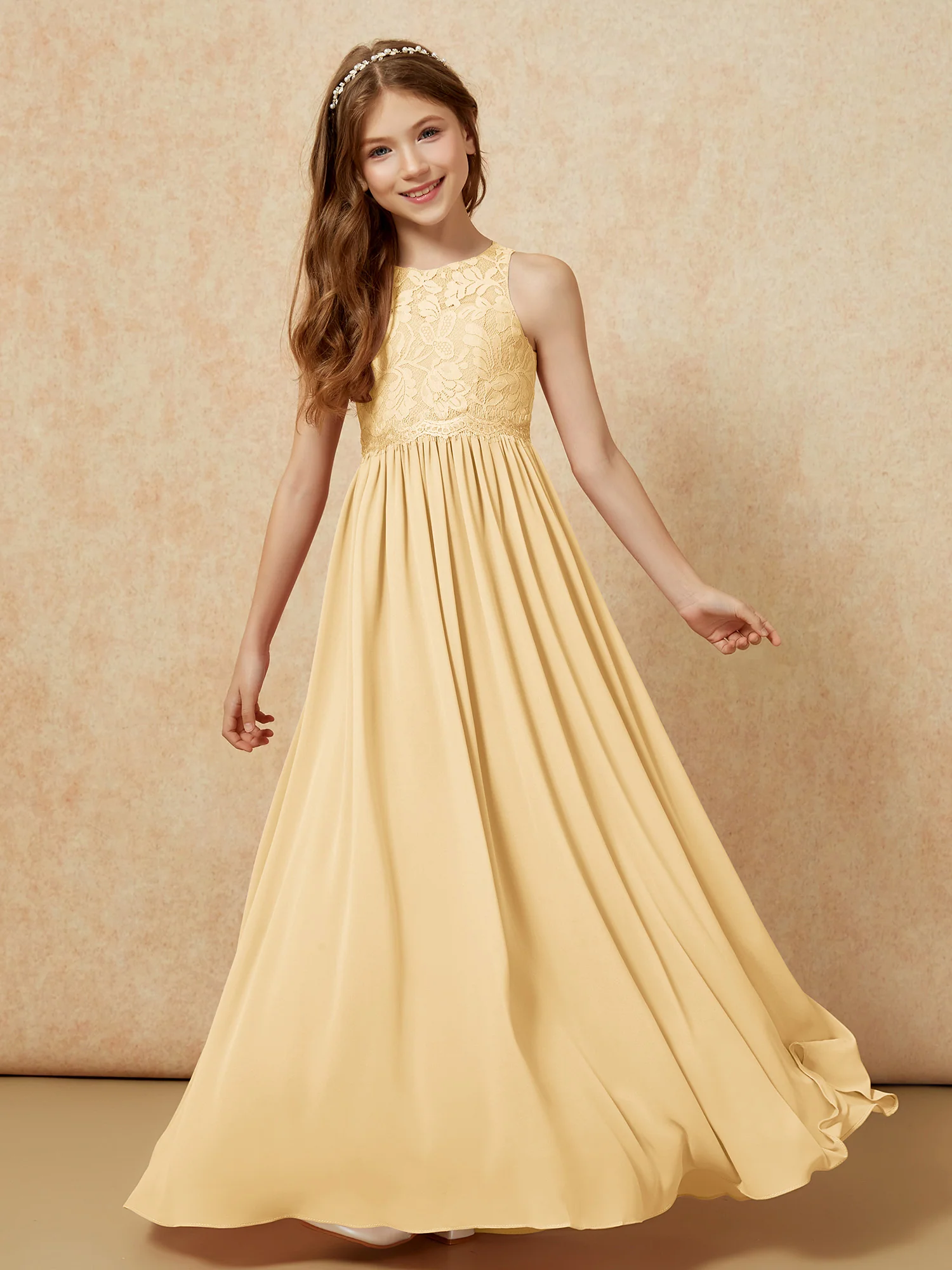 Sleeveless Lace Chiffon A-line Junior Bridesmaid Dress Gold - Image 5