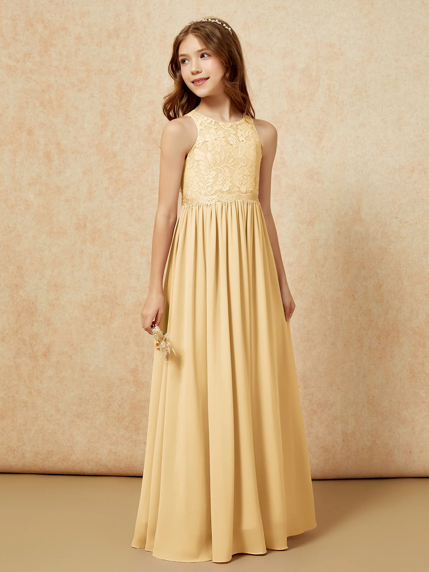 Sleeveless Lace Chiffon A-line Junior Bridesmaid Dress Gold - Image 6