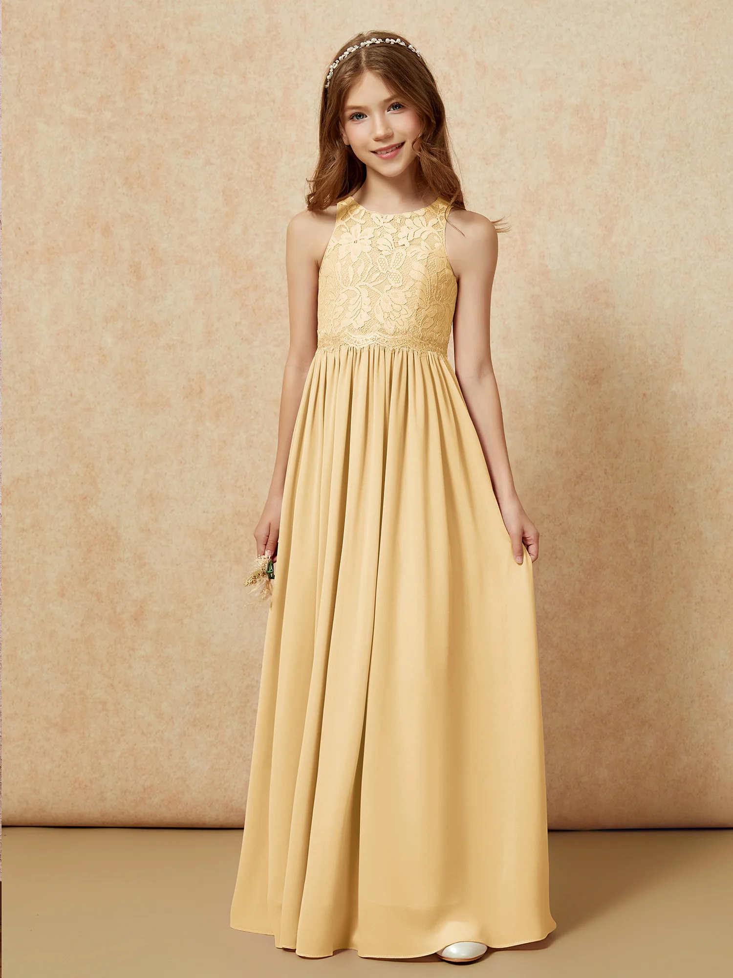 Sleeveless Lace Chiffon A-line Junior Bridesmaid Dress Gold - Image 7