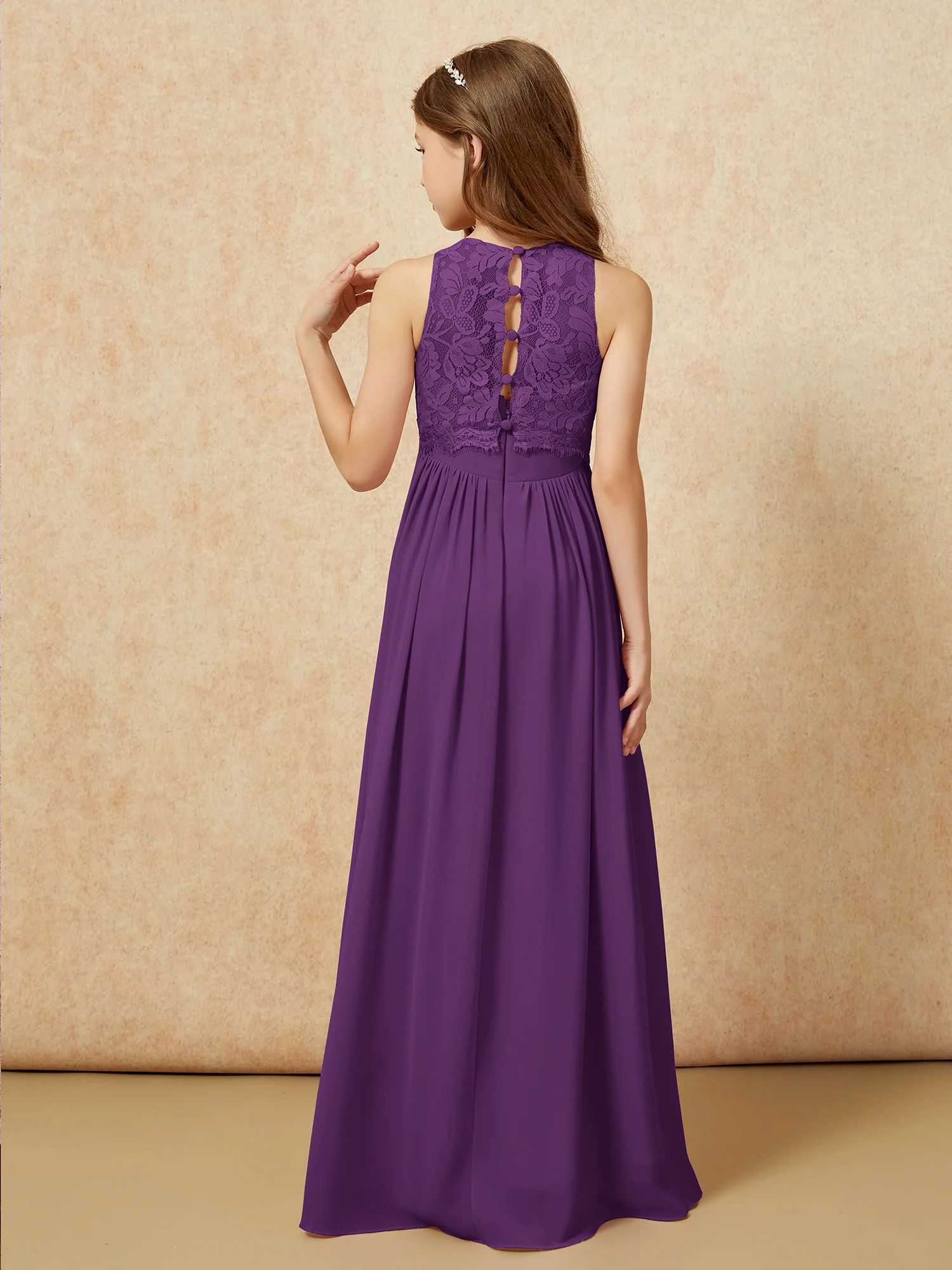 Sleeveless Lace Chiffon A-line Junior Bridesmaid Dress Grape - Image 2