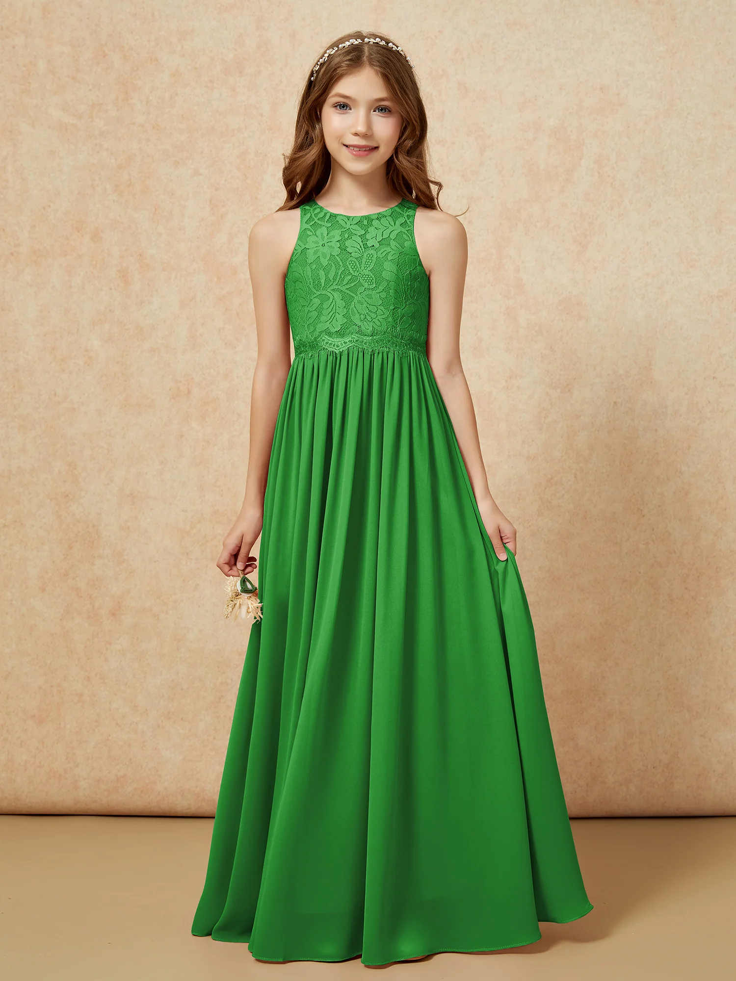 Sleeveless Lace Chiffon A-line Junior Bridesmaid Dress Green
