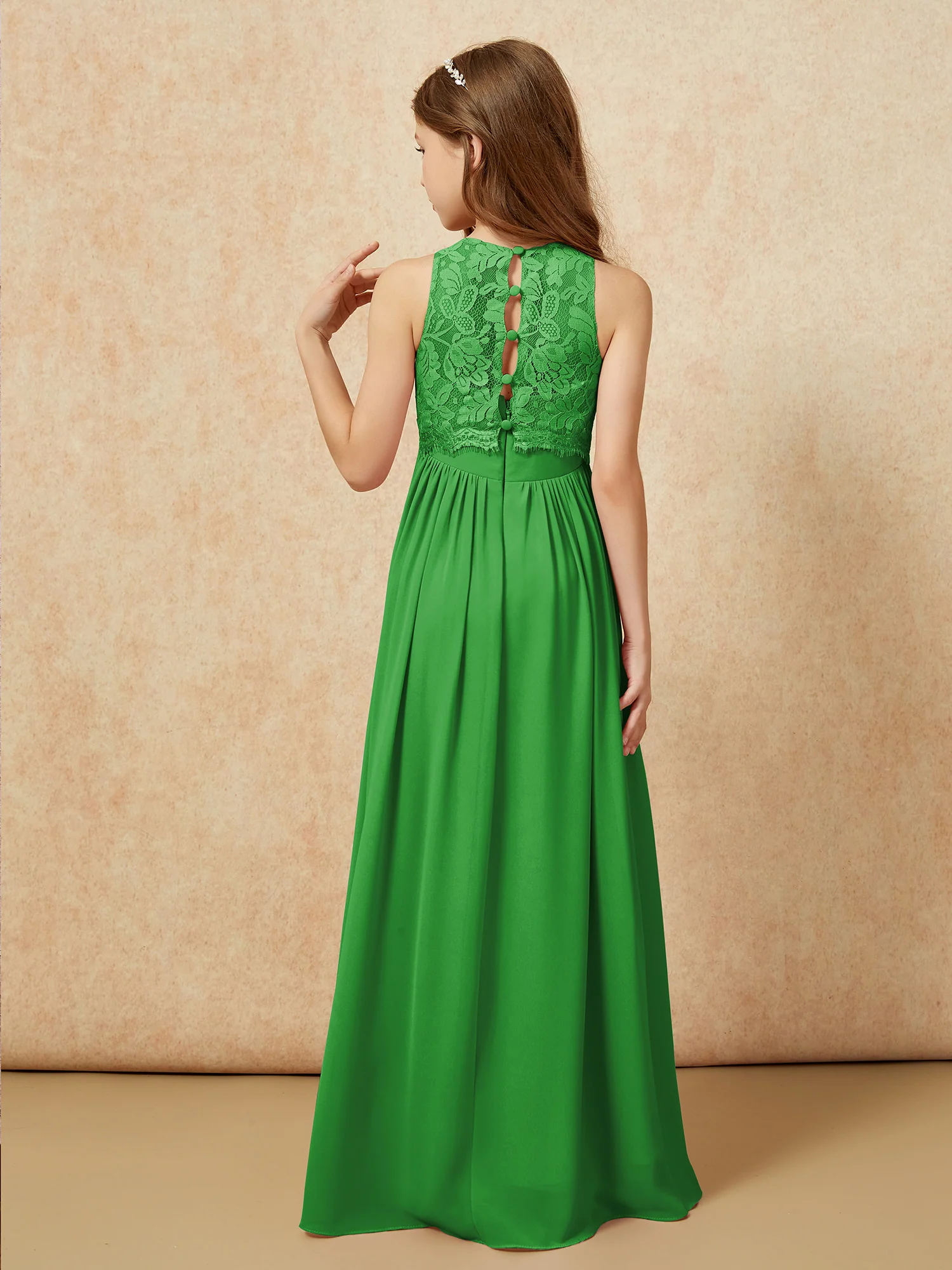 Sleeveless Lace Chiffon A-line Junior Bridesmaid Dress Green - Image 2