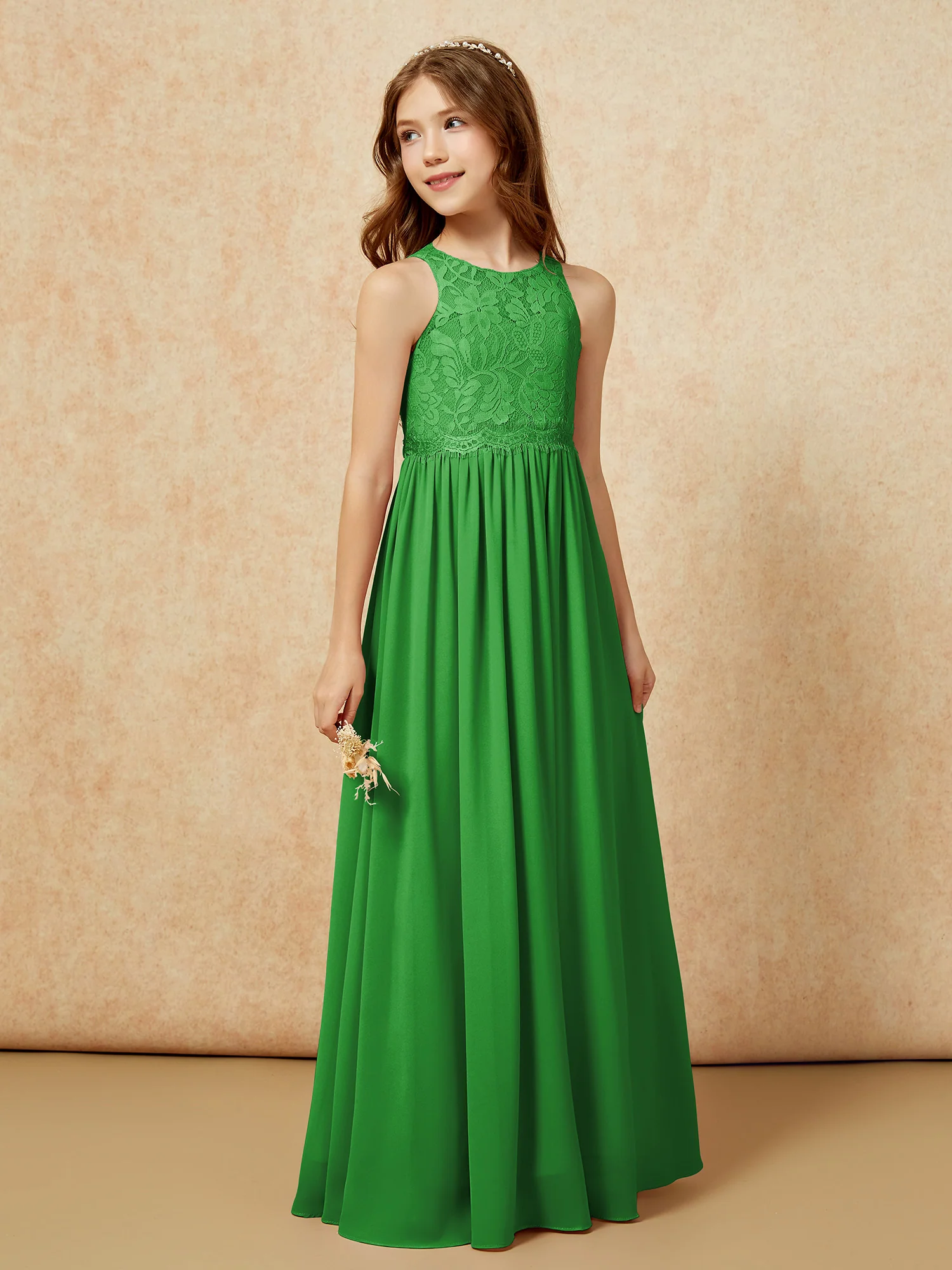 Sleeveless Lace Chiffon A-line Junior Bridesmaid Dress Green - Image 5