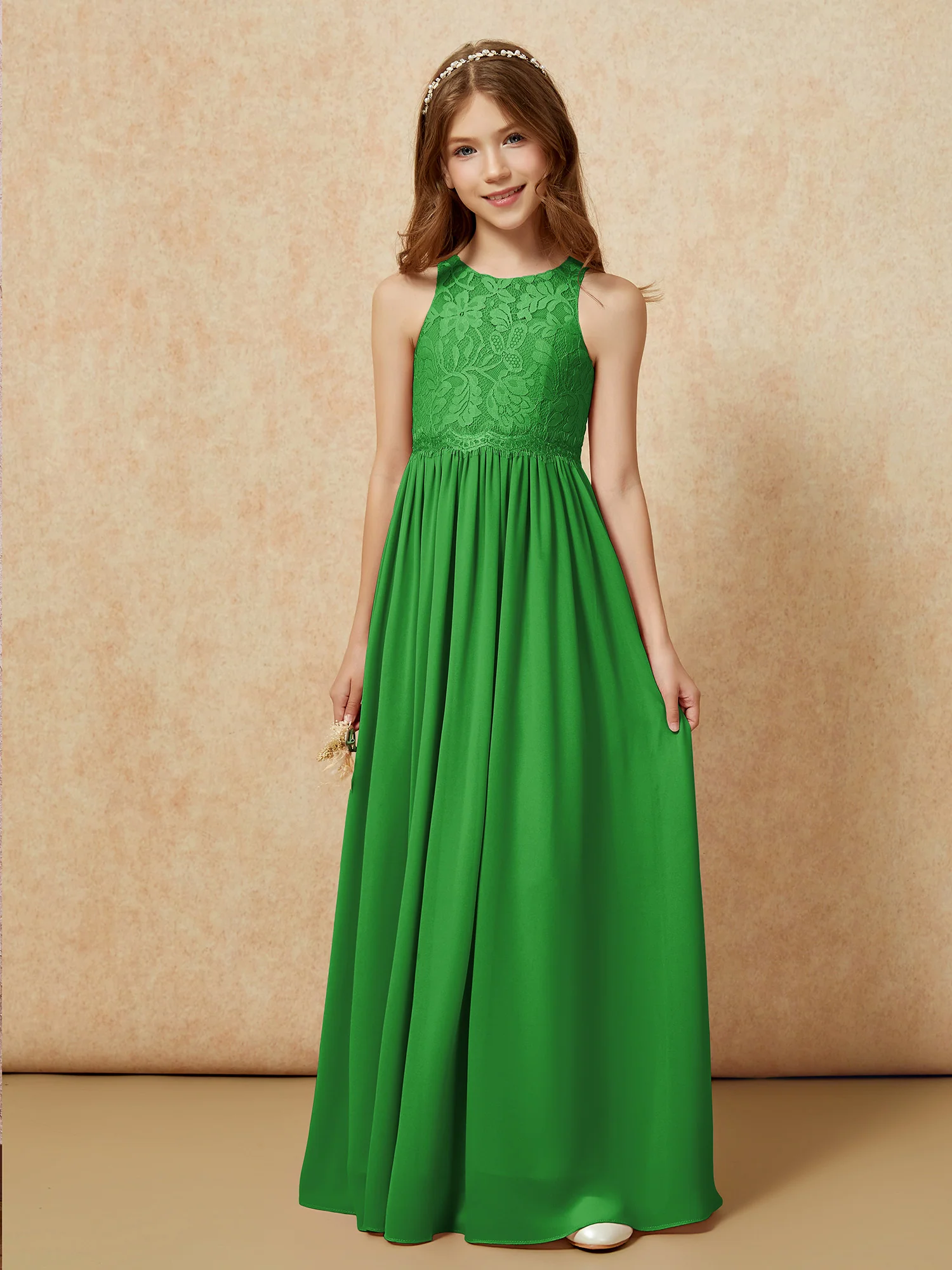 Sleeveless Lace Chiffon A-line Junior Bridesmaid Dress Green - Image 6