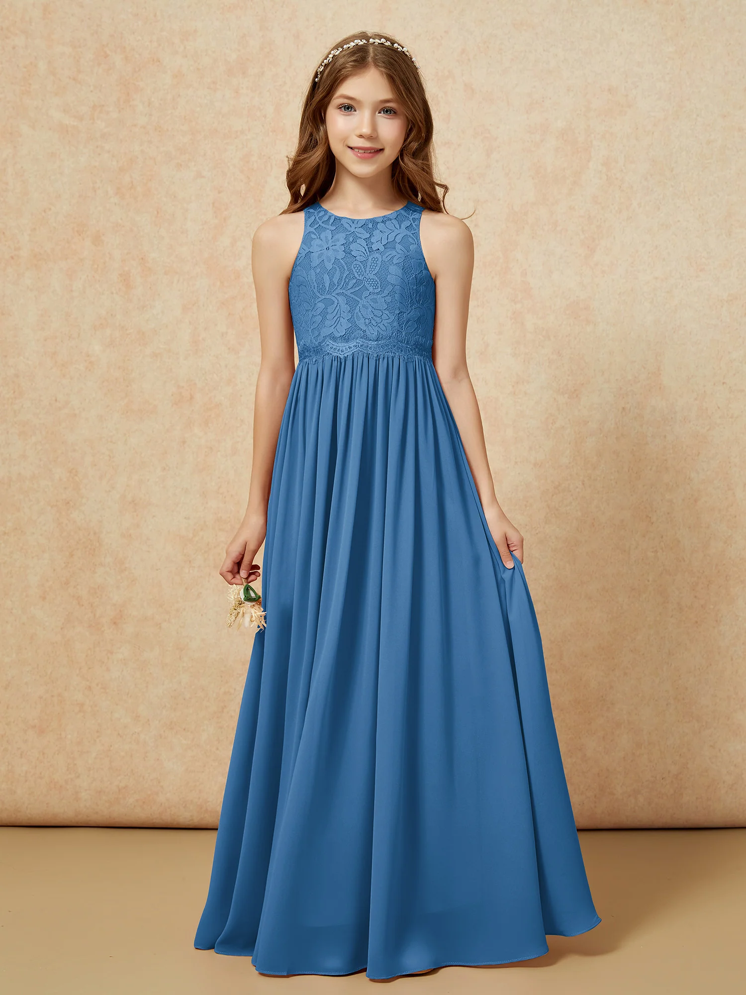 Sleeveless Lace Chiffon A-line Junior Bridesmaid Dress Ink Blue