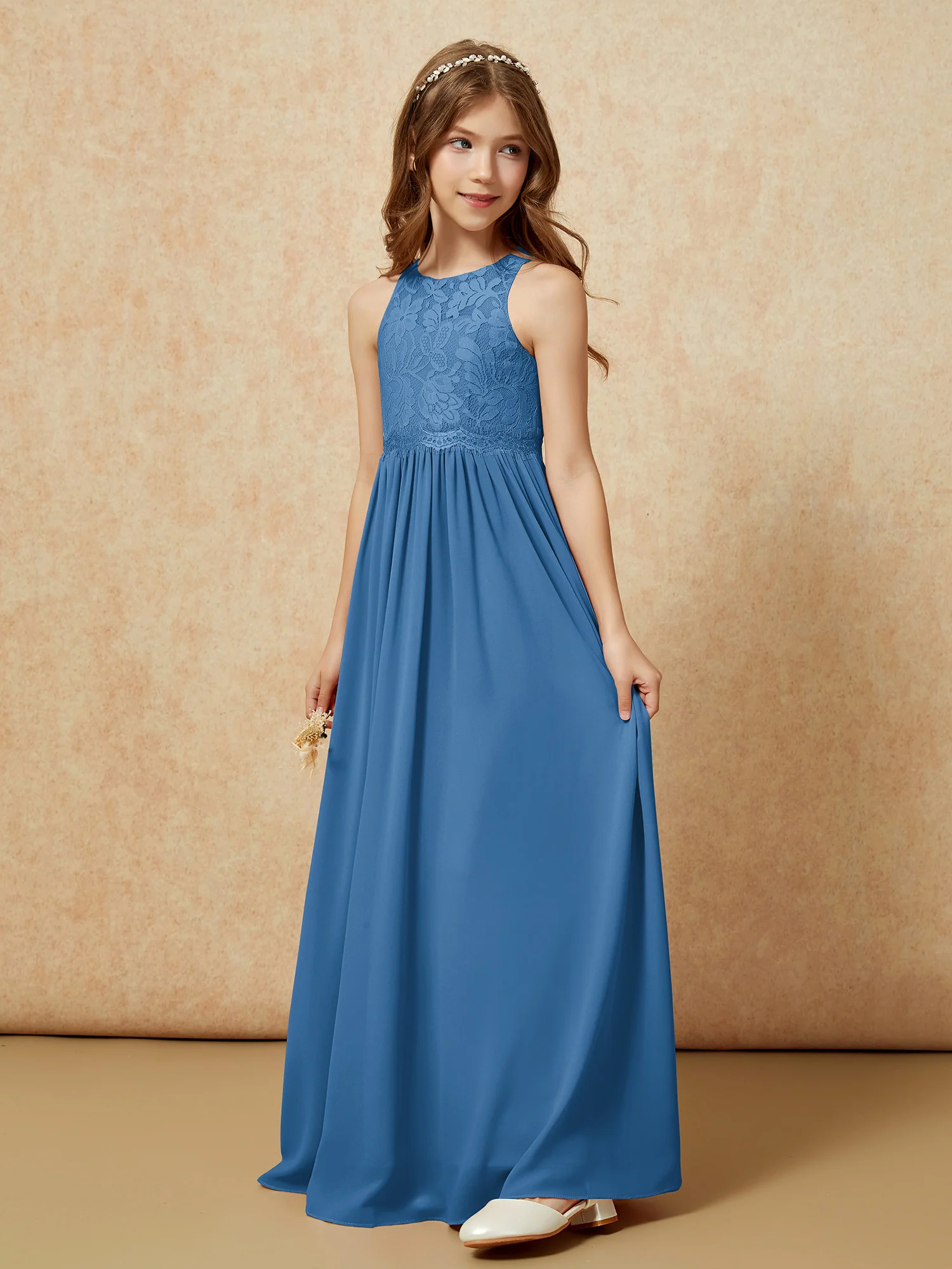 Sleeveless Lace Chiffon A-line Junior Bridesmaid Dress Ink Blue - Image 3