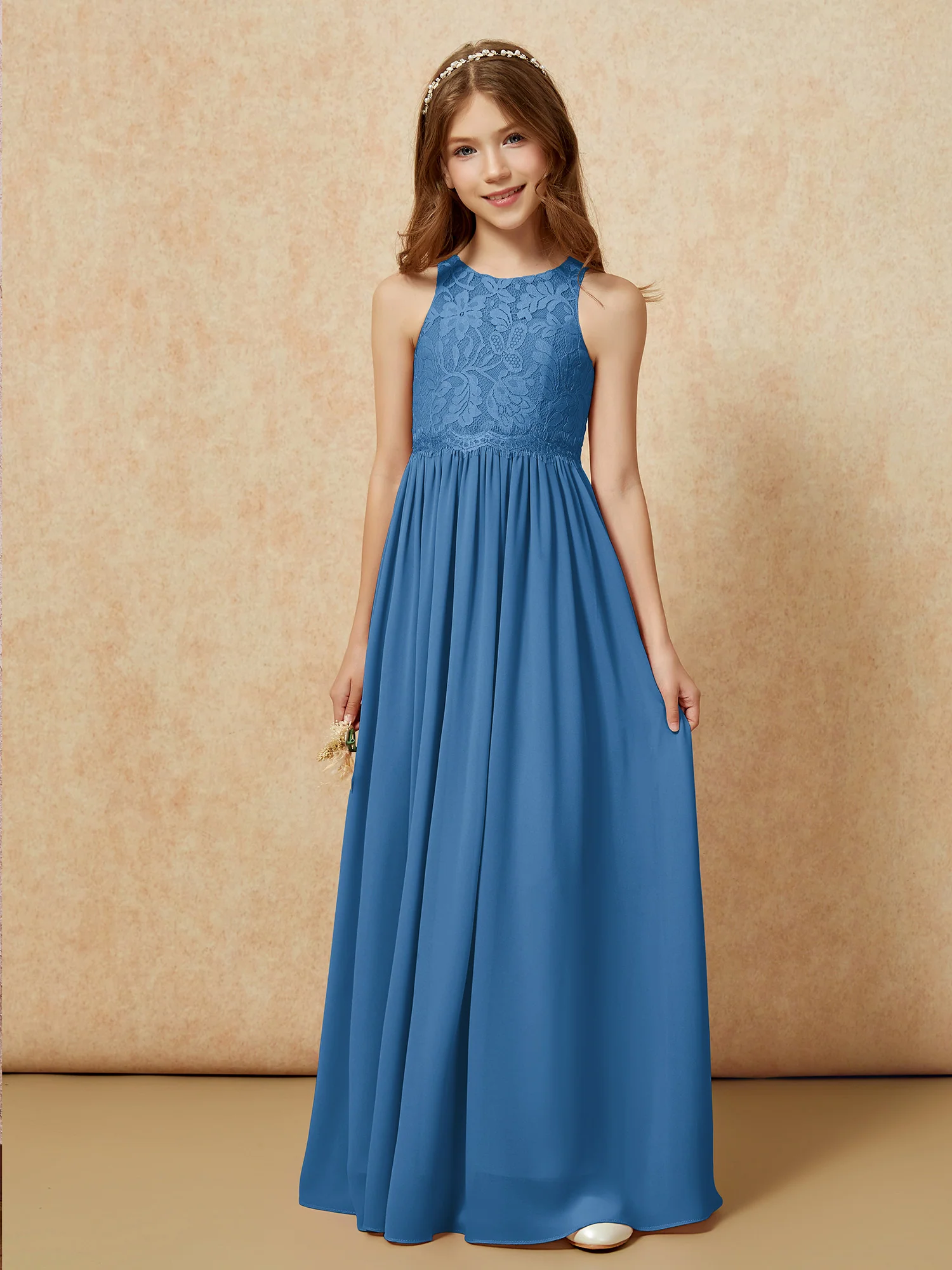 Sleeveless Lace Chiffon A-line Junior Bridesmaid Dress Ink Blue - Image 6