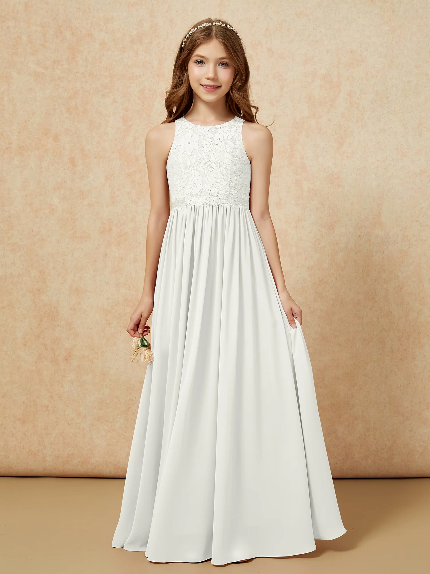 Sleeveless Lace Chiffon A-line Junior Bridesmaid Dress Ivory