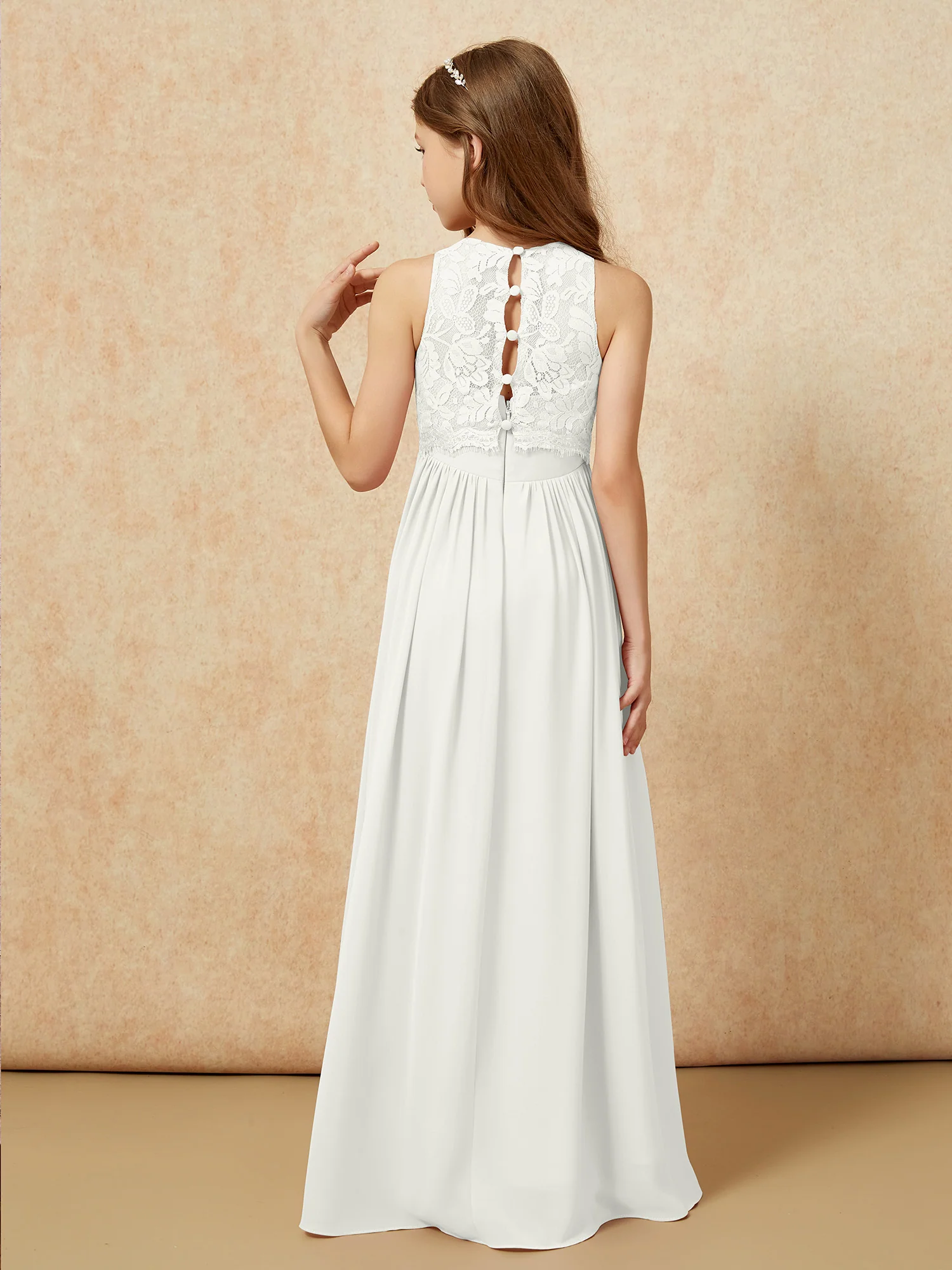 Sleeveless Lace Chiffon A-line Junior Bridesmaid Dress Ivory - Image 2