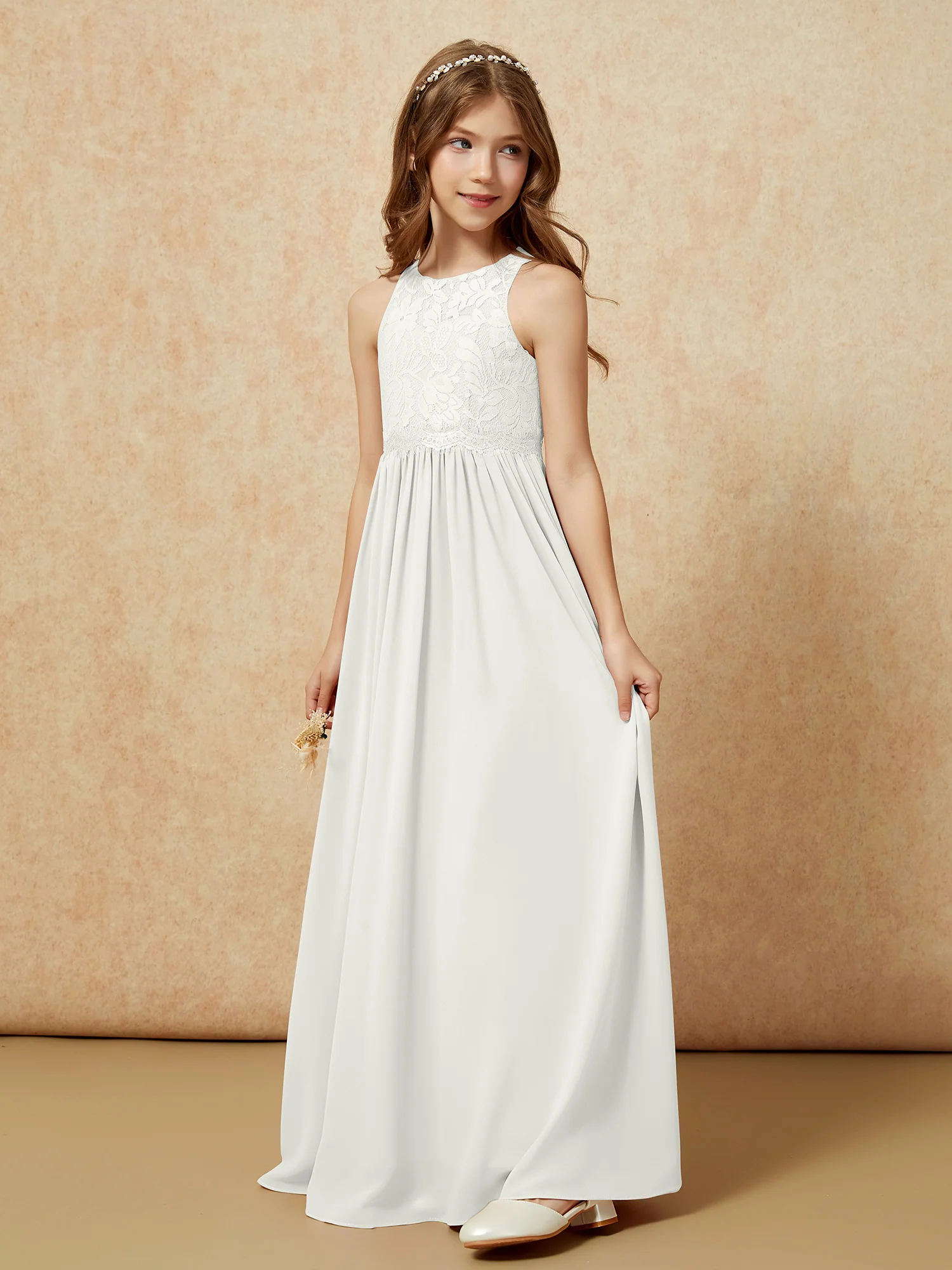 Sleeveless Lace Chiffon A-line Junior Bridesmaid Dress Ivory - Image 3