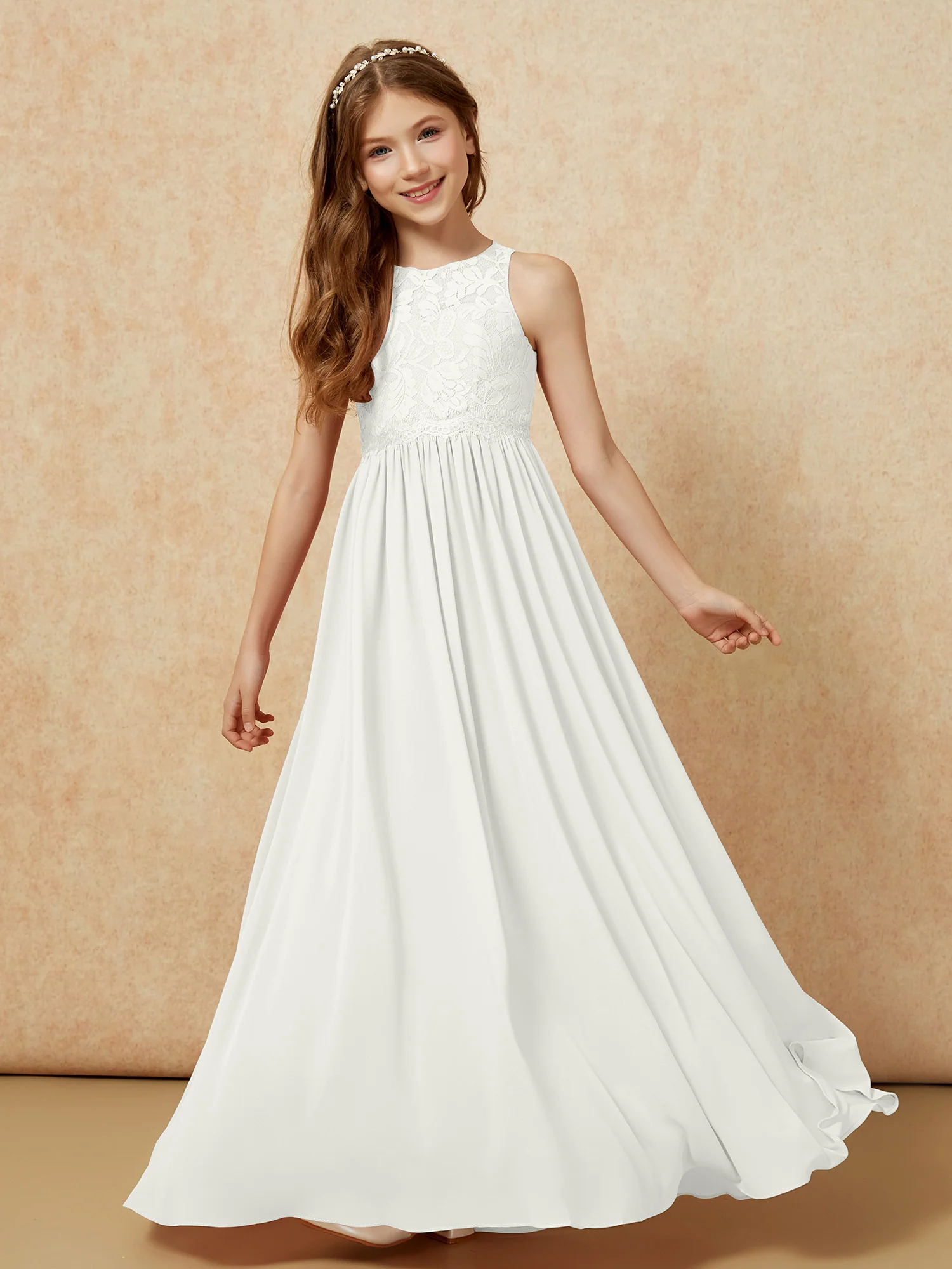 Sleeveless Lace Chiffon A-line Junior Bridesmaid Dress Ivory - Image 4