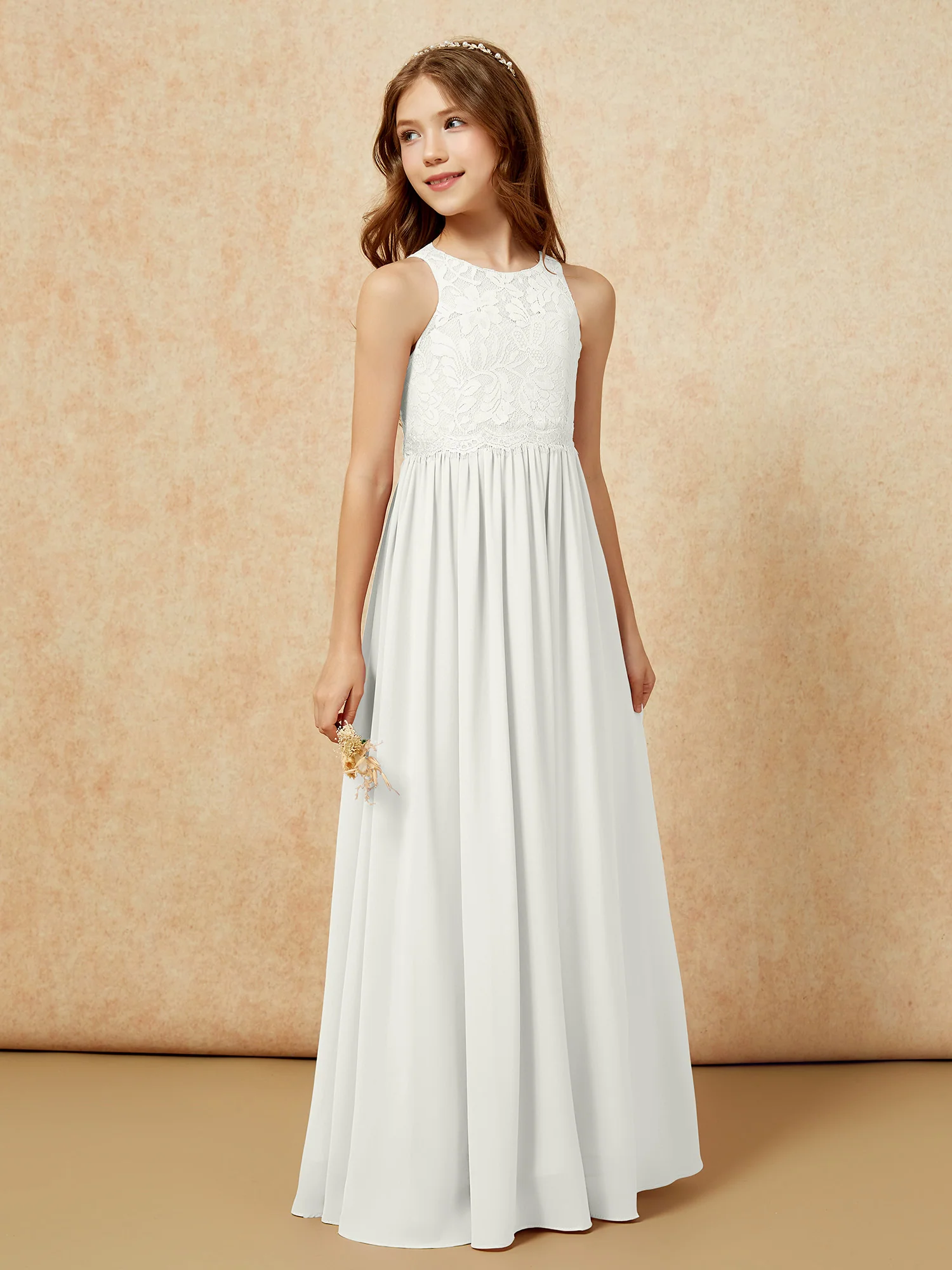 Sleeveless Lace Chiffon A-line Junior Bridesmaid Dress Ivory - Image 5