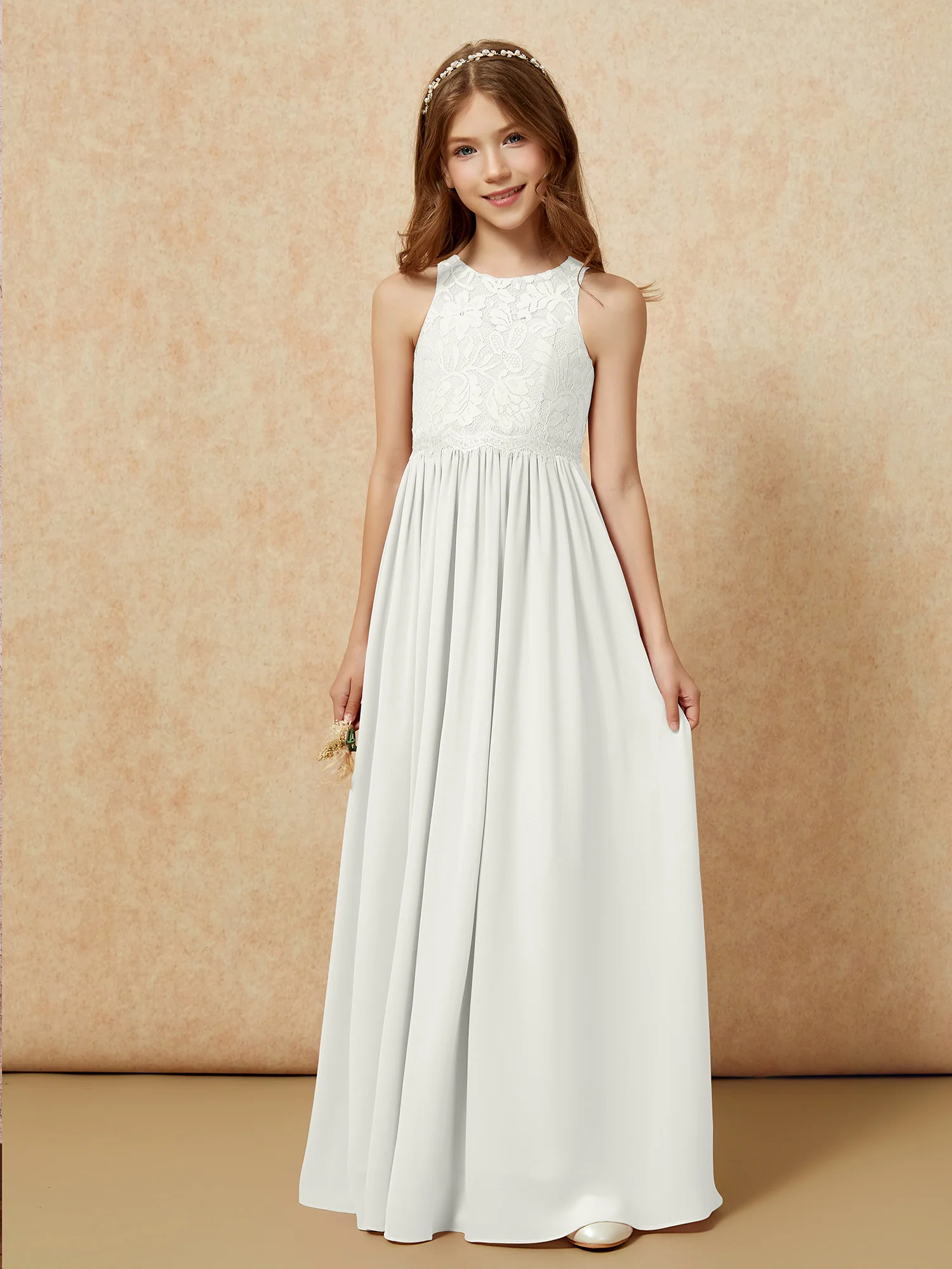 Sleeveless Lace Chiffon A-line Junior Bridesmaid Dress Ivory - Image 6