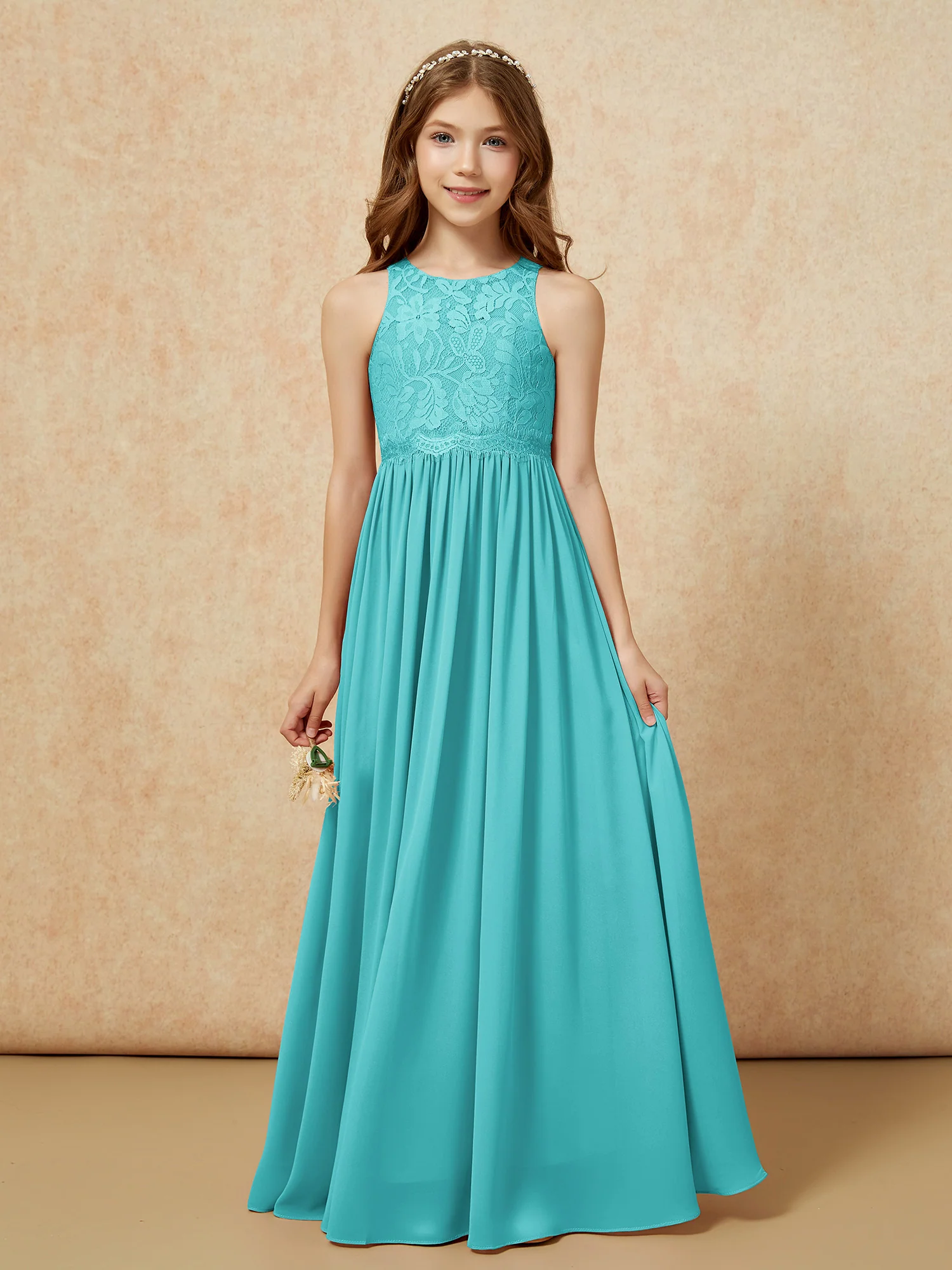 Sleeveless Lace Chiffon A-line Junior Bridesmaid Dress Jade