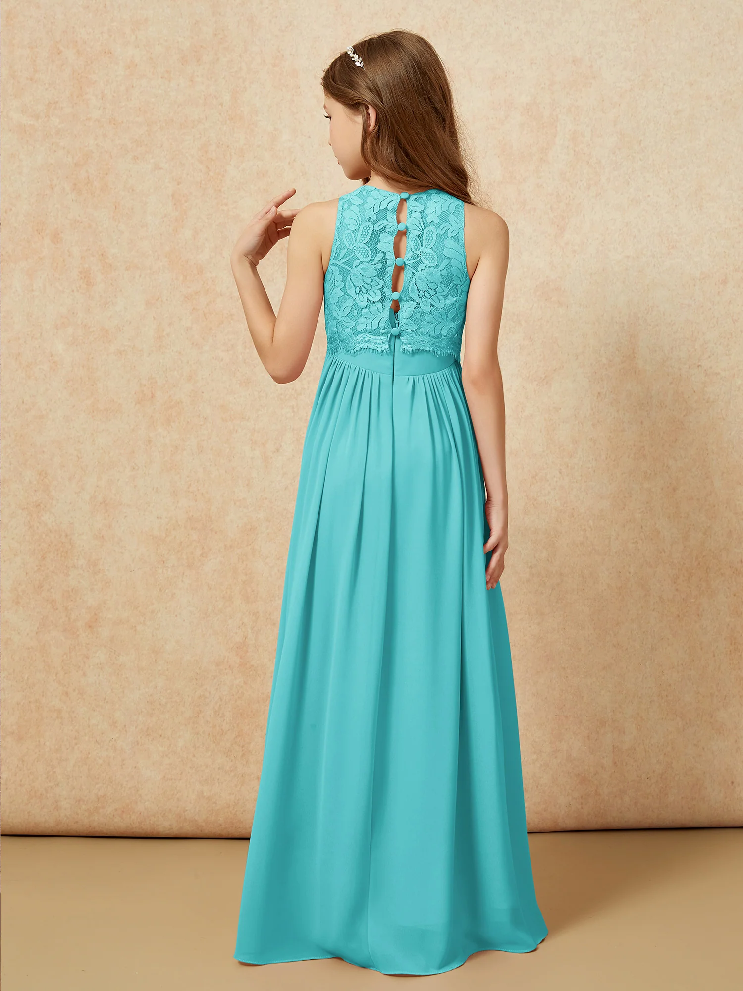 Sleeveless Lace Chiffon A-line Junior Bridesmaid Dress Jade - Image 2